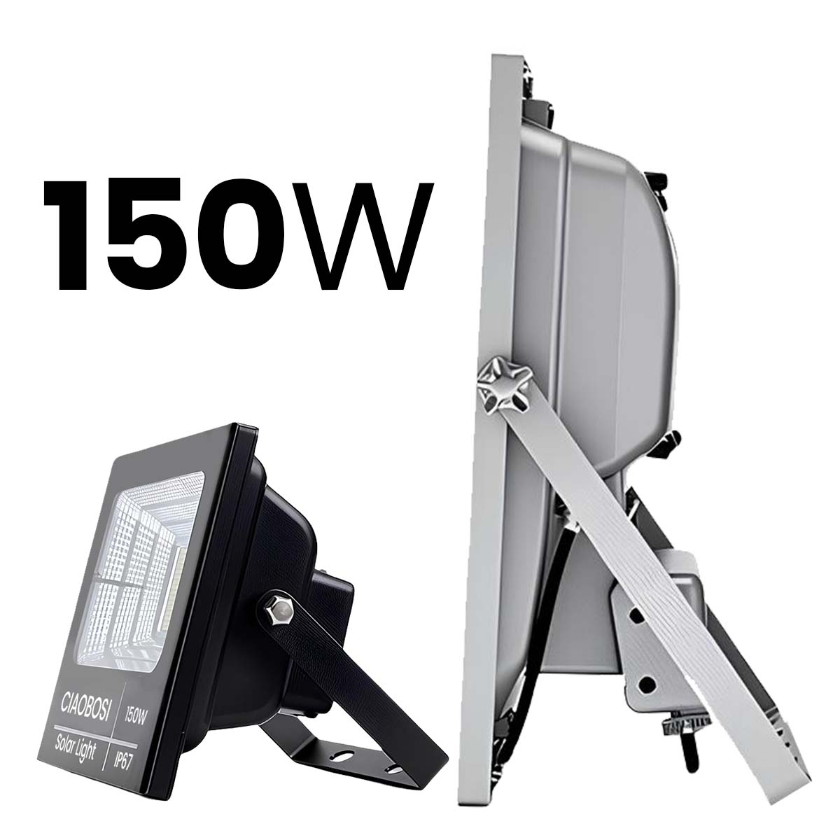 Luz solar de 150W en negro y gris, vistas frontal y lateral.