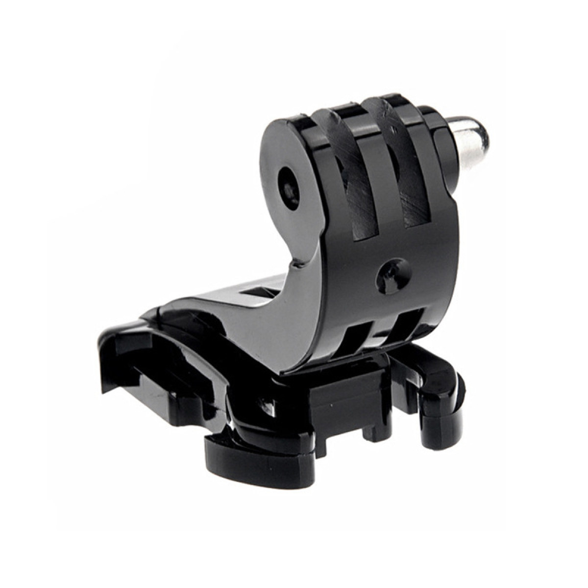 Schwarze GoPro-Halterung aus Kunststoff mit Metallschaube auf weißem Grund.