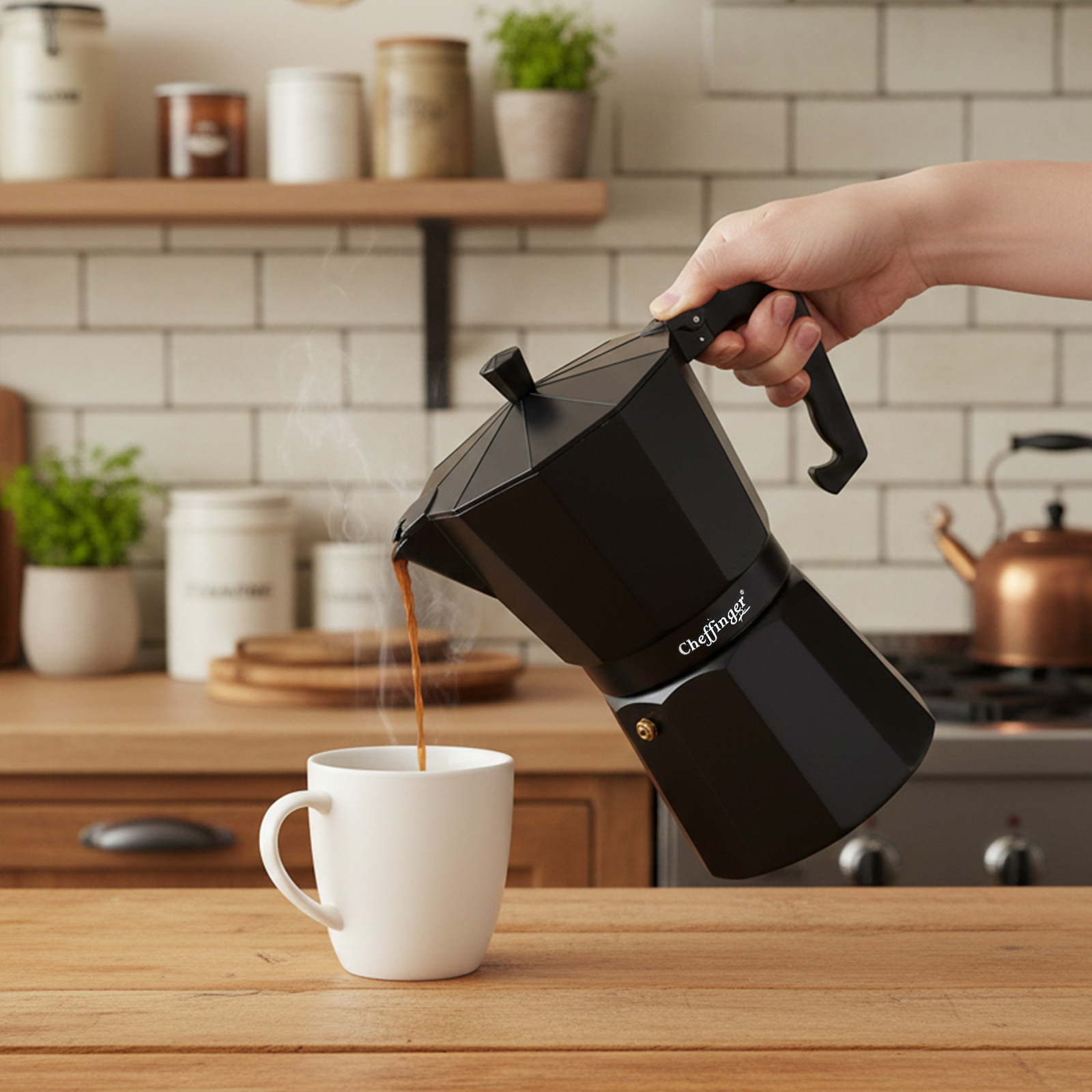 Una mano vierte café de una cafetera moka negra en una taza blanca en una cocina.