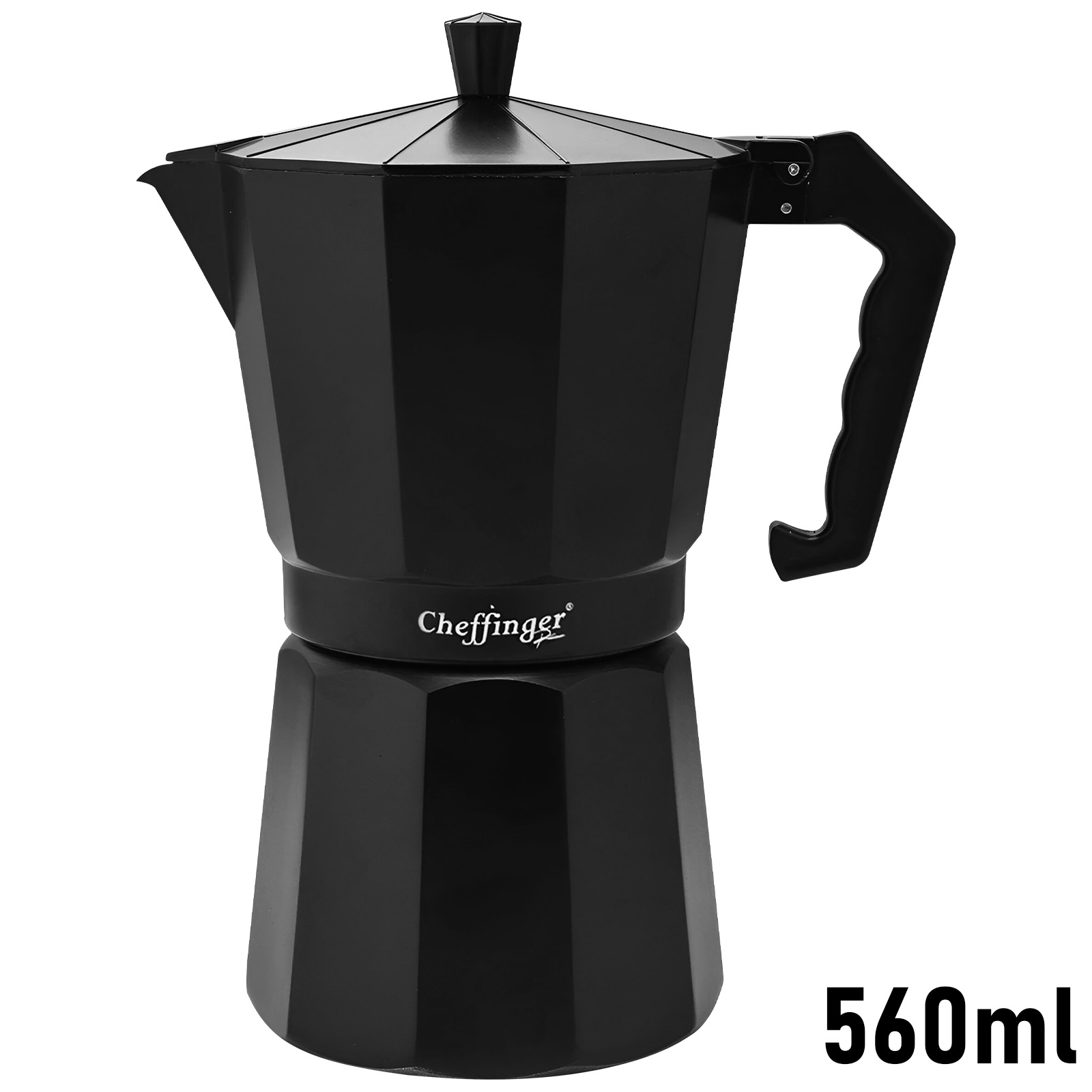 Cafetera moka negra con asa y tapa, capacidad de 560ml.