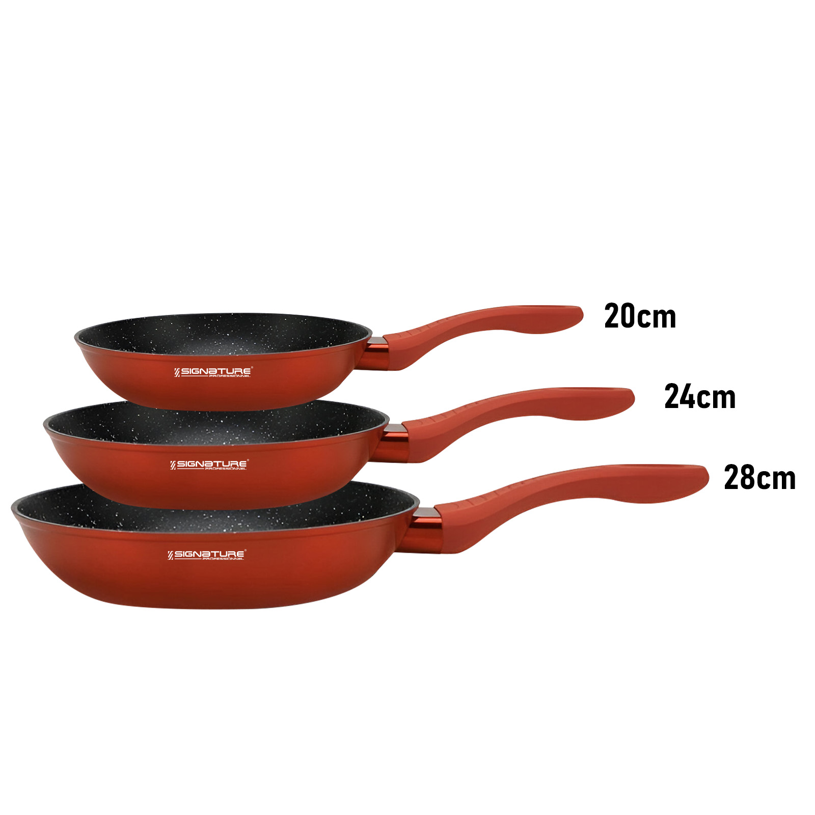 Trois poêles rouges de différentes tailles avec poignées.