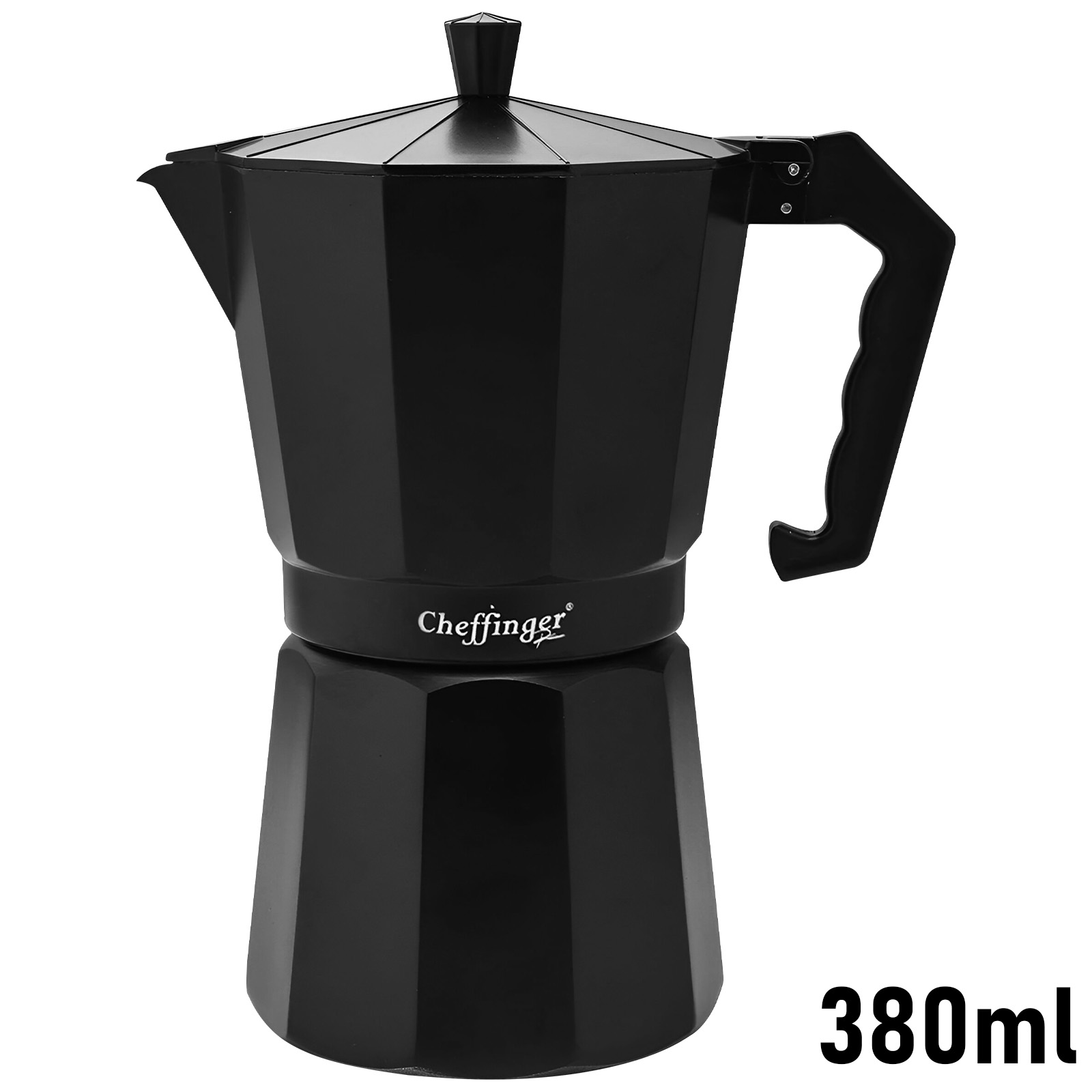 Una cafetera moka negra con logo Cheffinger y marca de 380ml.