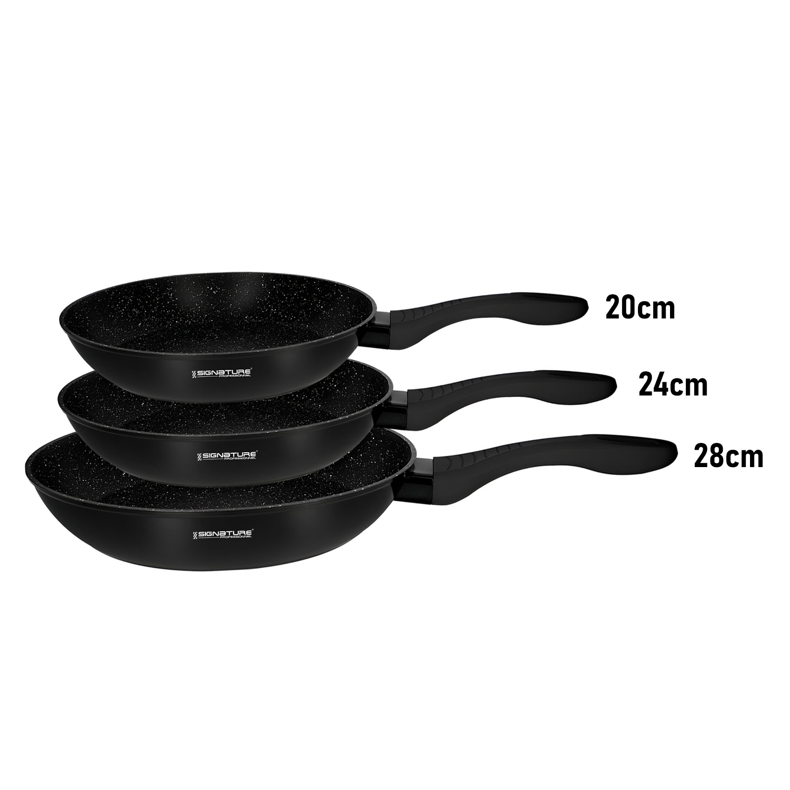 Trois poêles noires à intérieur moucheté, tailles 20cm, 24cm, 28cm.