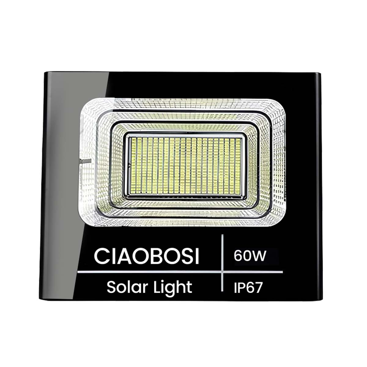 Luz solar negra de 60W con clasificación IP67, panel LED brillante.