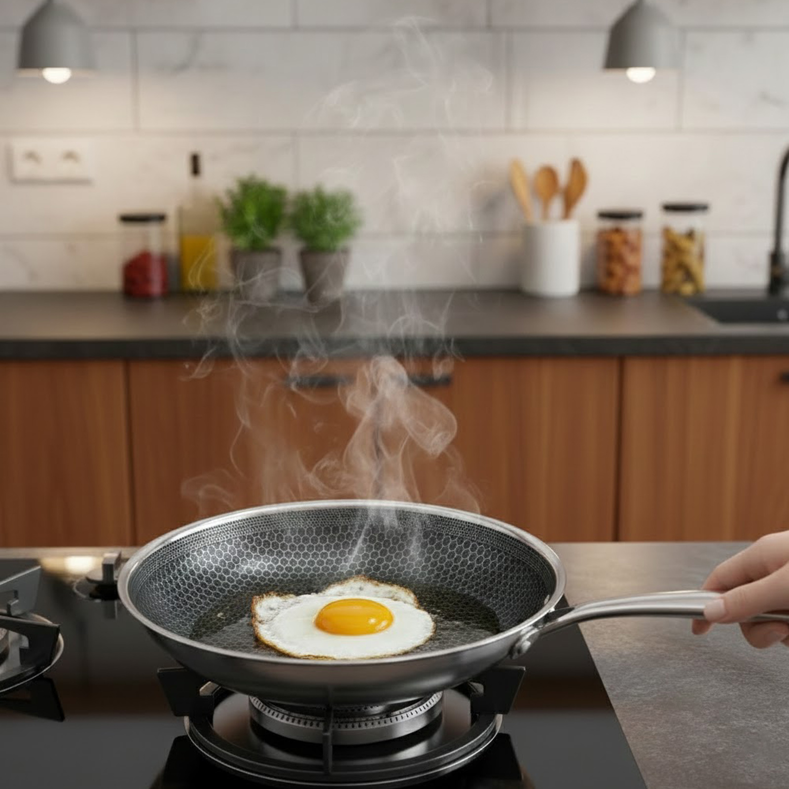 Un œuf au plat cuit dans une poêle sur une cuisinière à gaz, de la vapeur s'élève.