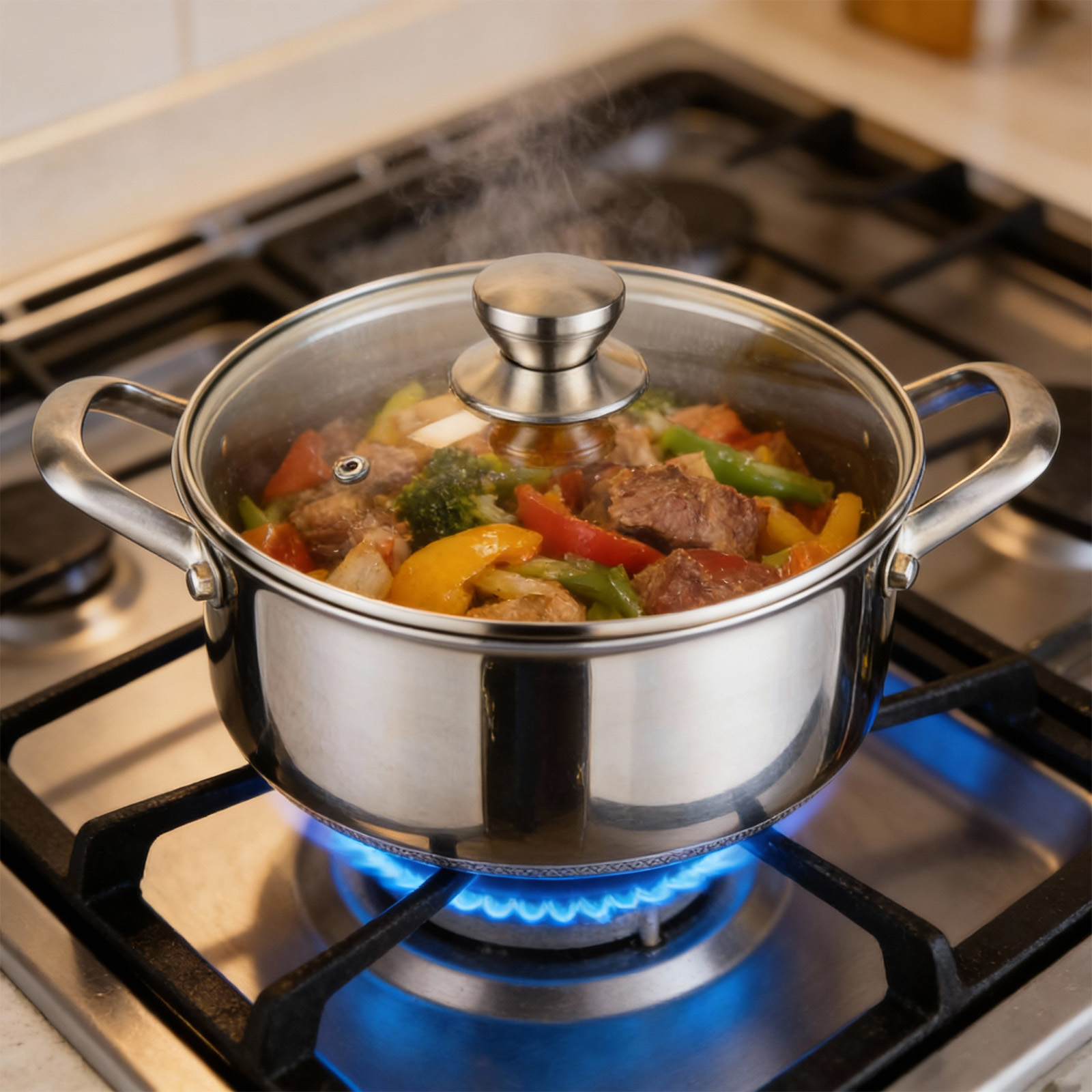 Une cocotte de légumes et de viande mijote sur une cuisinière à gaz.