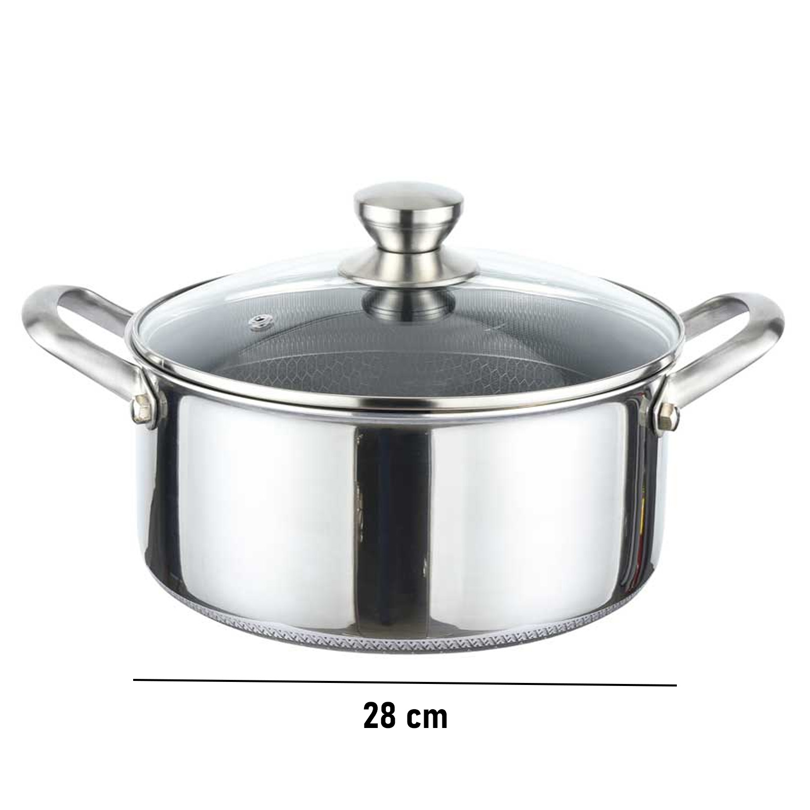 Une marmite en métal poli avec couvercle en verre et deux poignées, 28 cm.