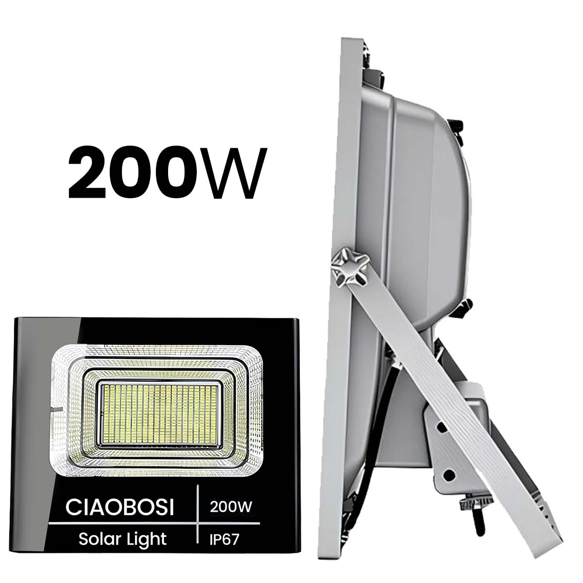 Se muestra una luz solar de 200W con clasificación IP67 de frente y de lado.