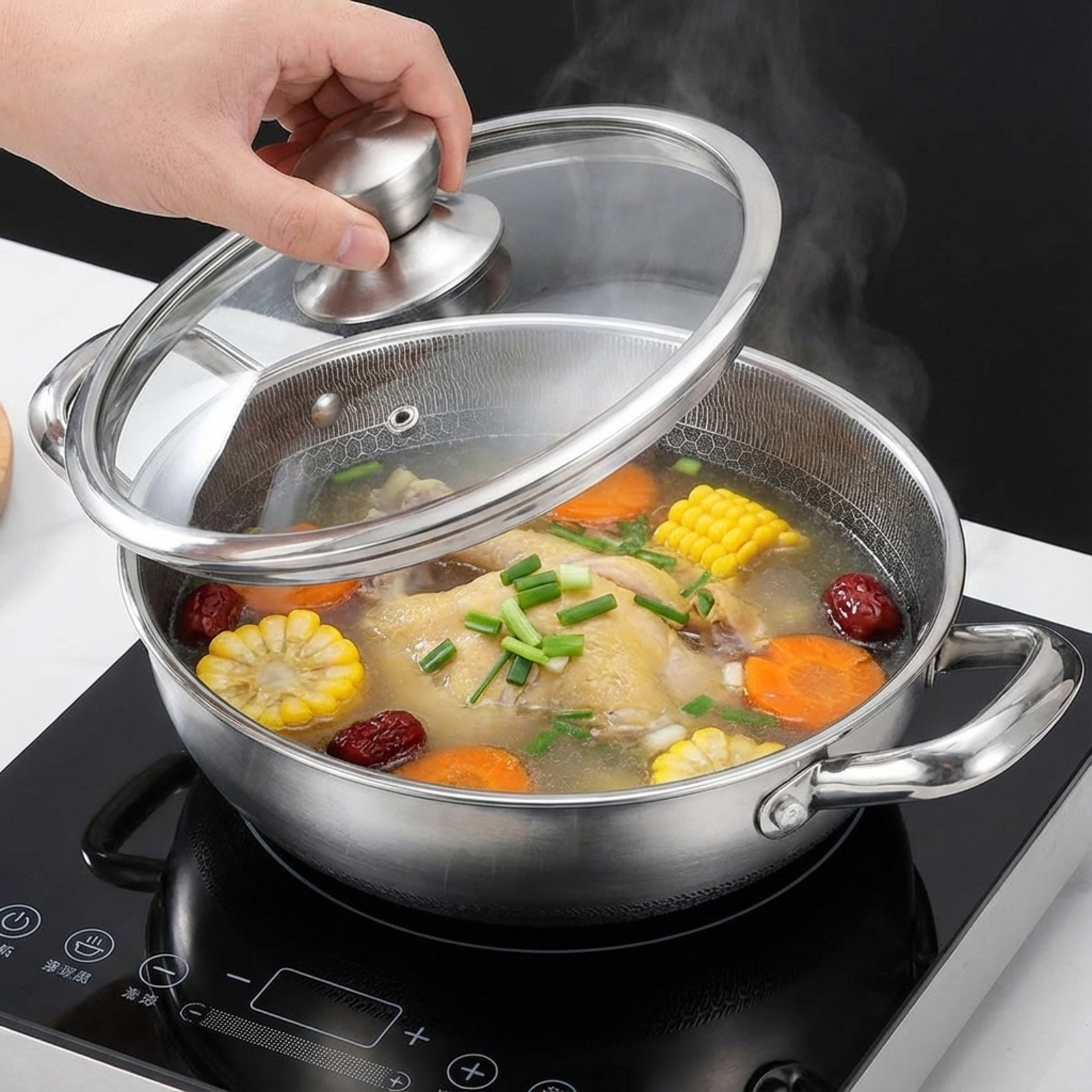 Eine Hand hebt einen Glasdeckel von einem Topf Hühnersuppe mit Mais, Karotten und Datteln.
