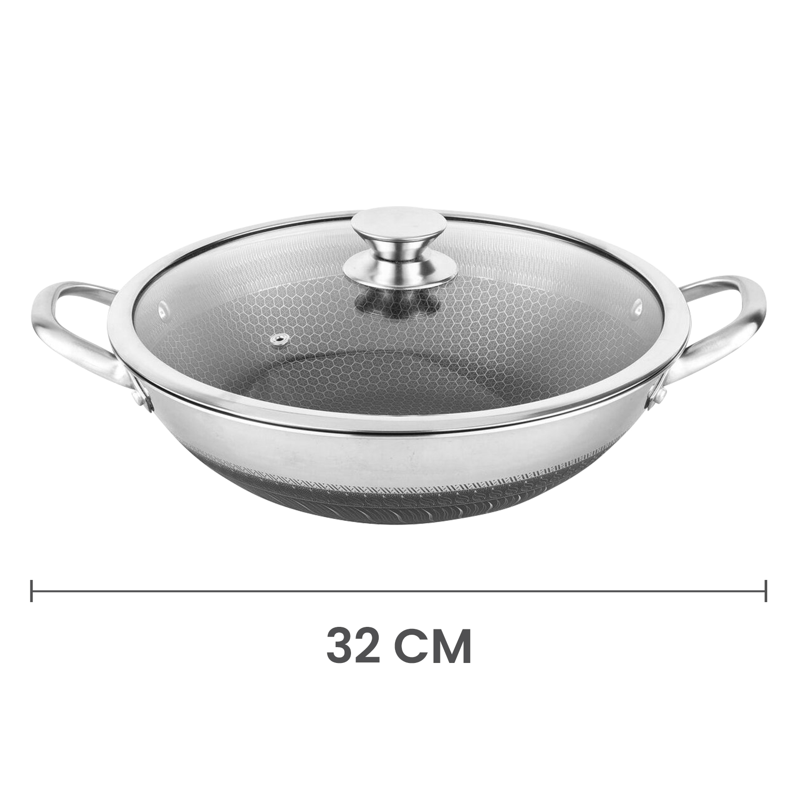 Ein 32 cm großer Wok mit Glasdeckel und zwei Griffen auf weißem Hintergrund.