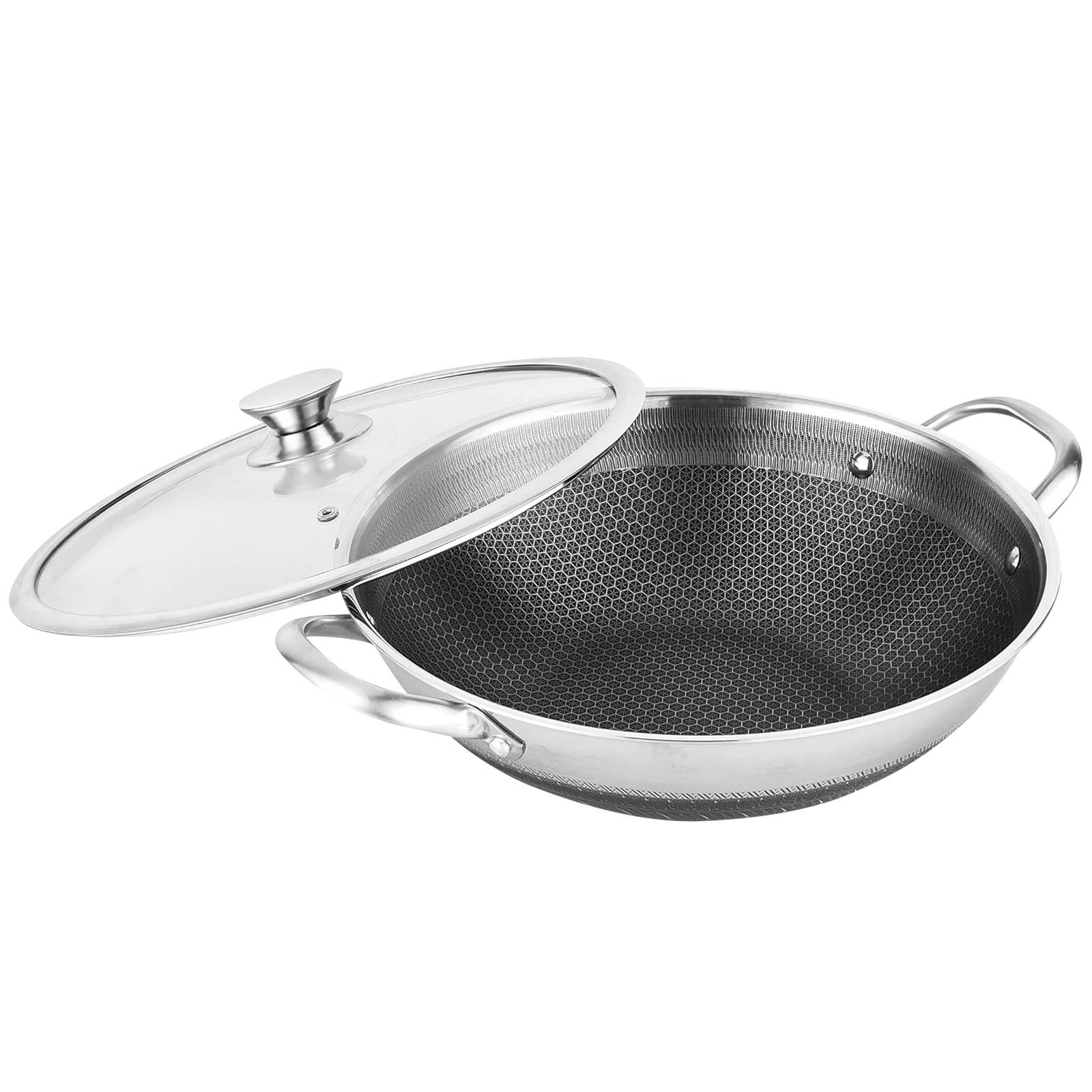 Ein Wok aus Edelstahl mit Wabenmuster und Glasdeckel.