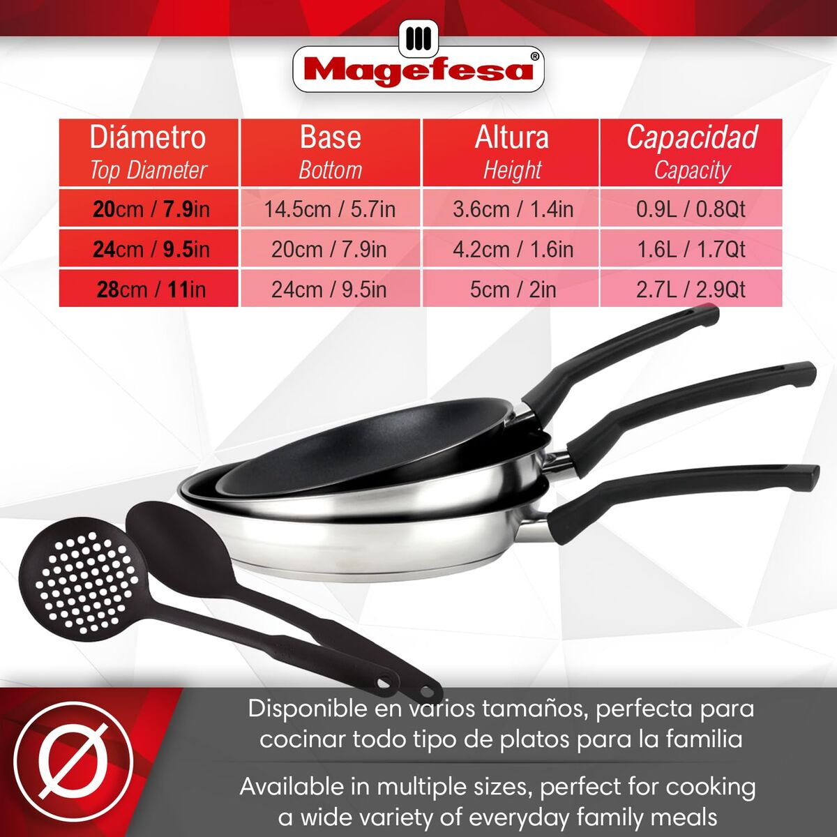 Tabla de Magefesa con dimensiones. Dos utensilios negros en primer plano.
