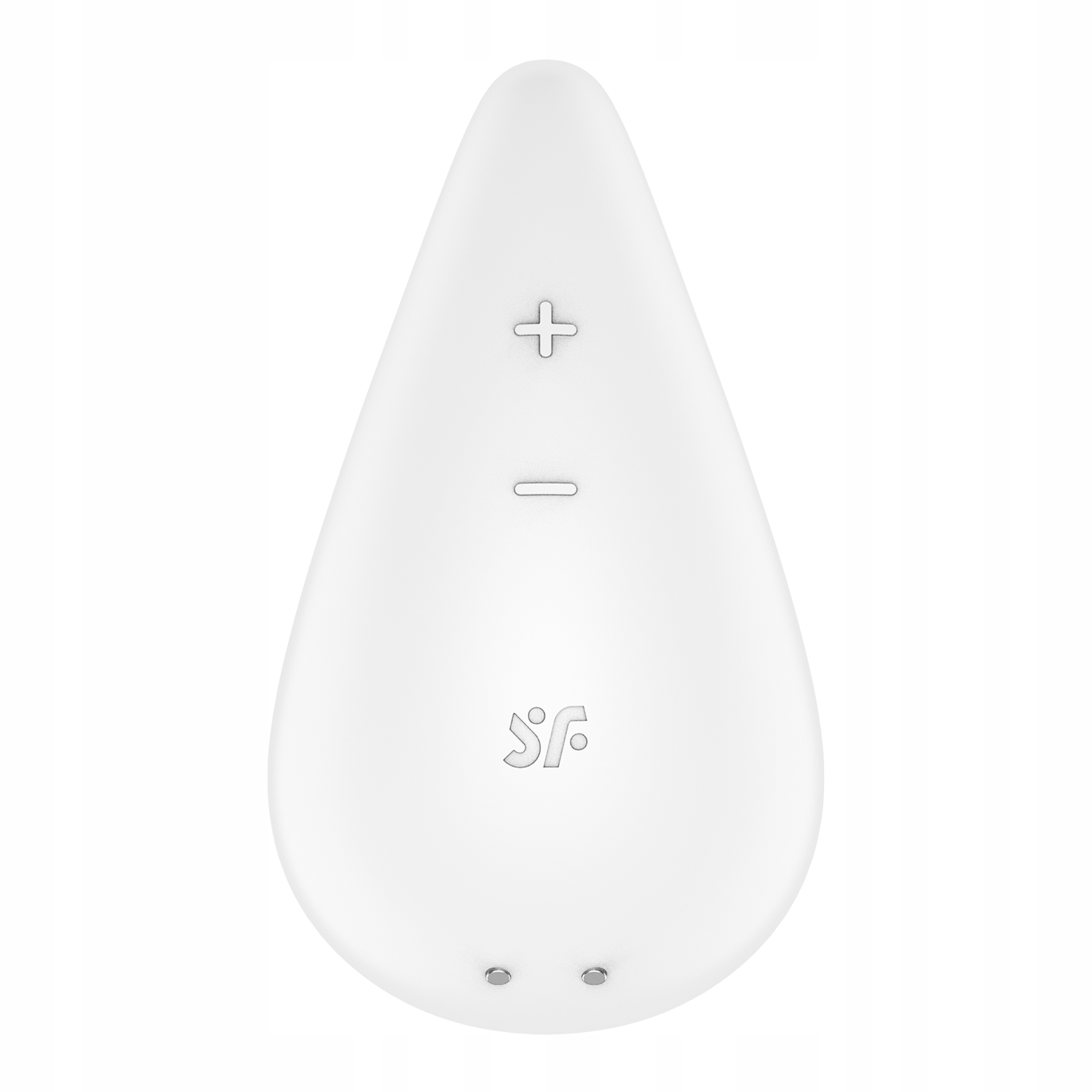 Białe urządzenie w kształcie kropli ze znakami plus, minus i logo.