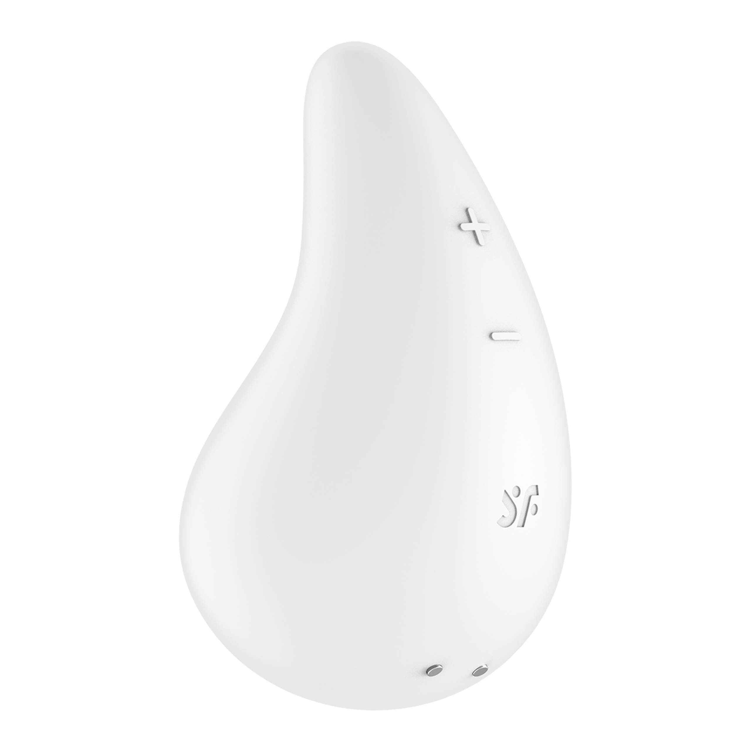 Białe urządzenie w kształcie kropli z symbolami plus i minus oraz ikoną.