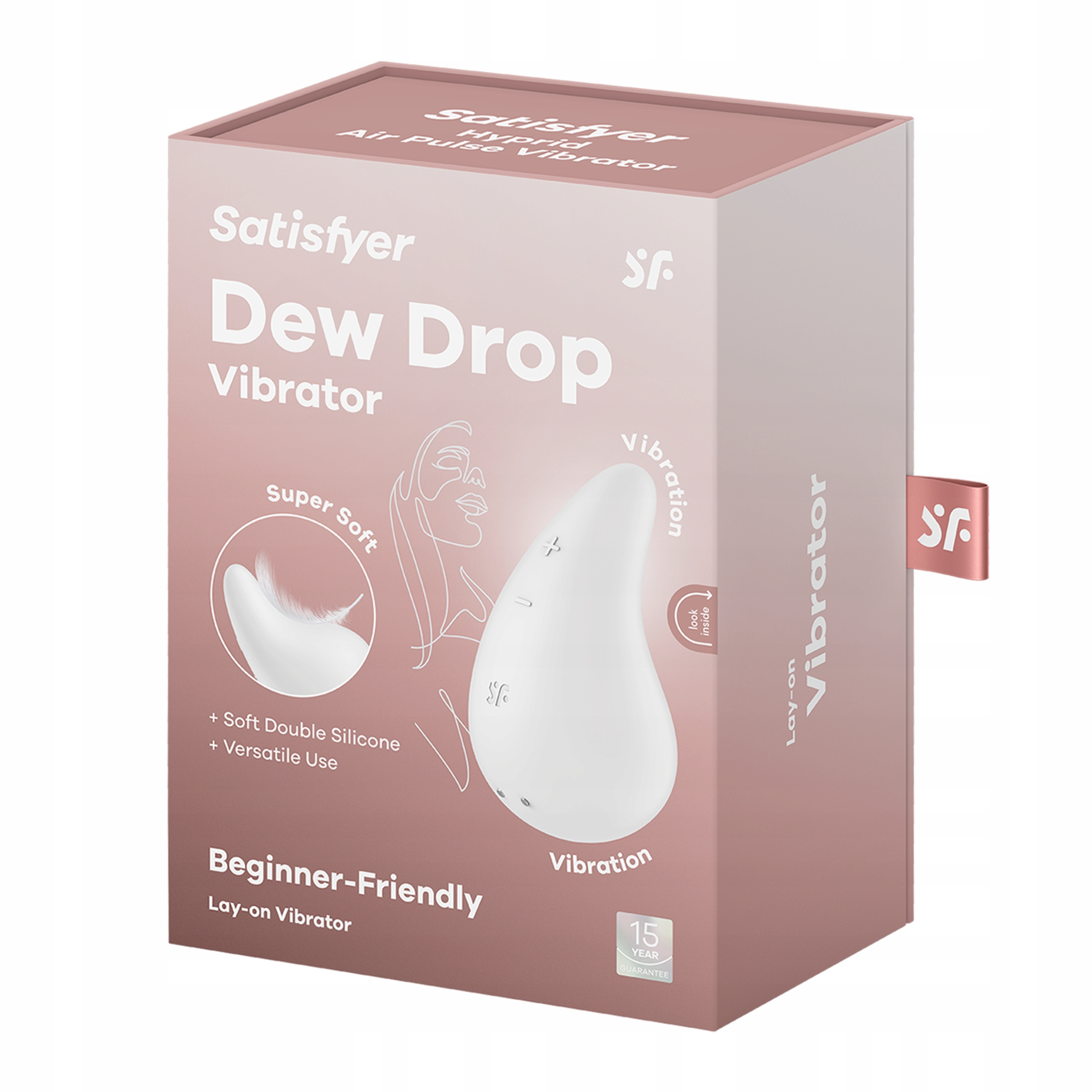 Pudełko Satisfyer Dew Drop Vibrator. Cechy: miękki silikon, wibracje, 15 lat gwarancji.