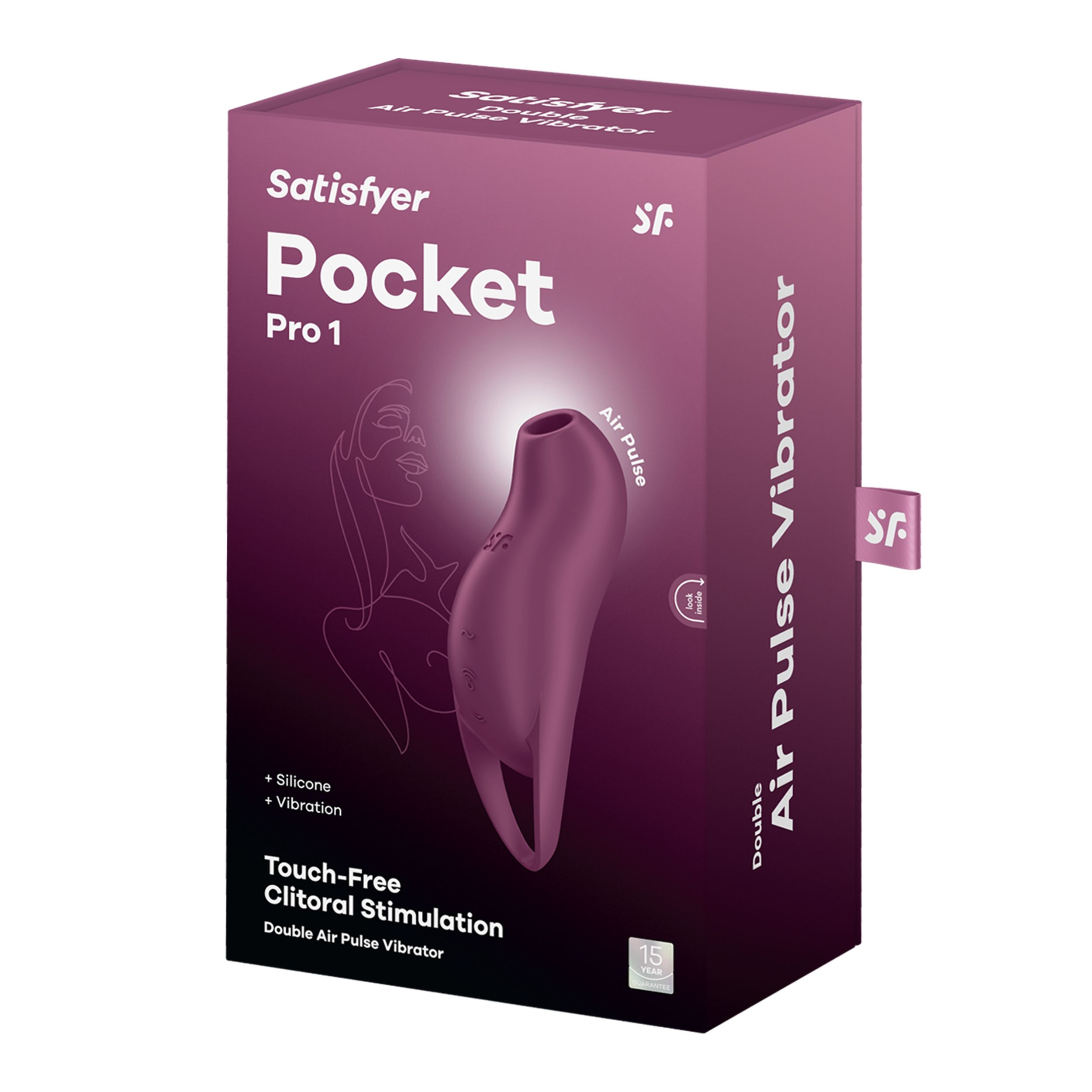 Fioletowe opakowanie Satisfyer Pocket Pro 1 z obrazkiem wibratora.