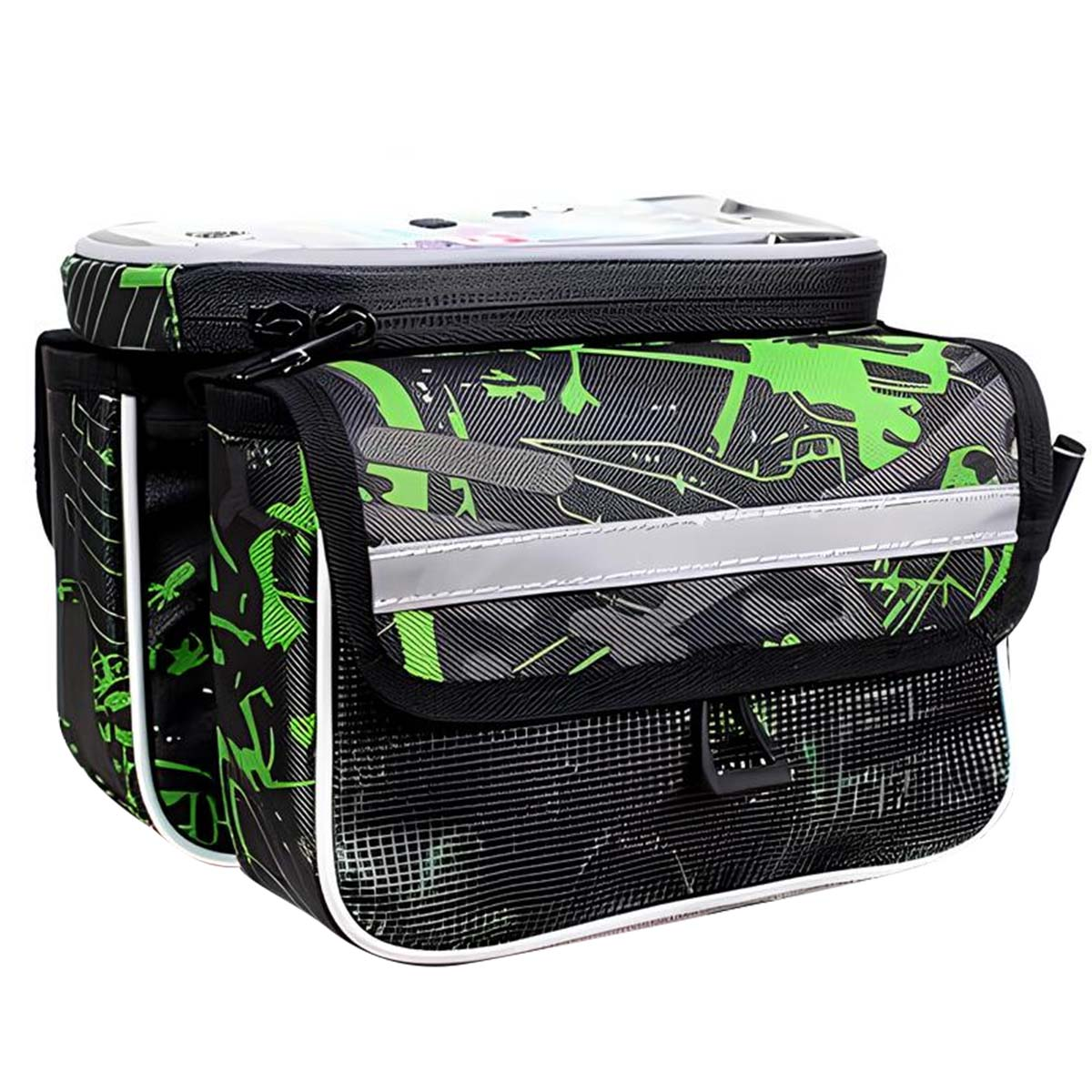 Schwarze Fahrradtasche mit grünem abstraktem Muster, Reflektorstreifen, Klarsichtfach oben.