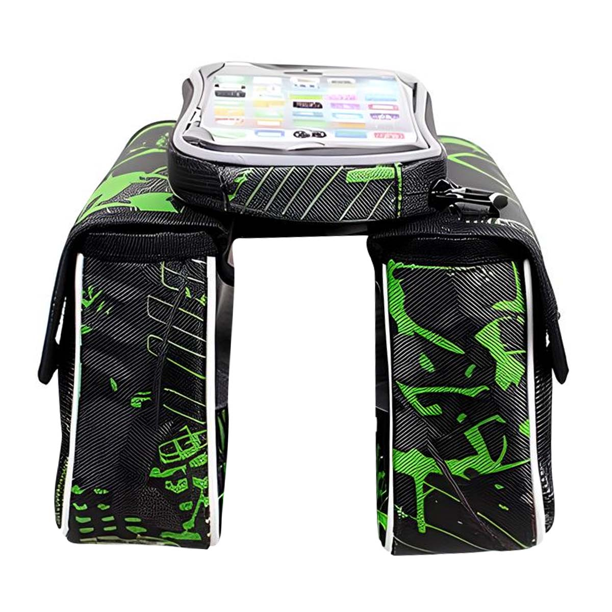 Schwarze Fahrradtasche mit grünen Akzenten und Handyhalterung.