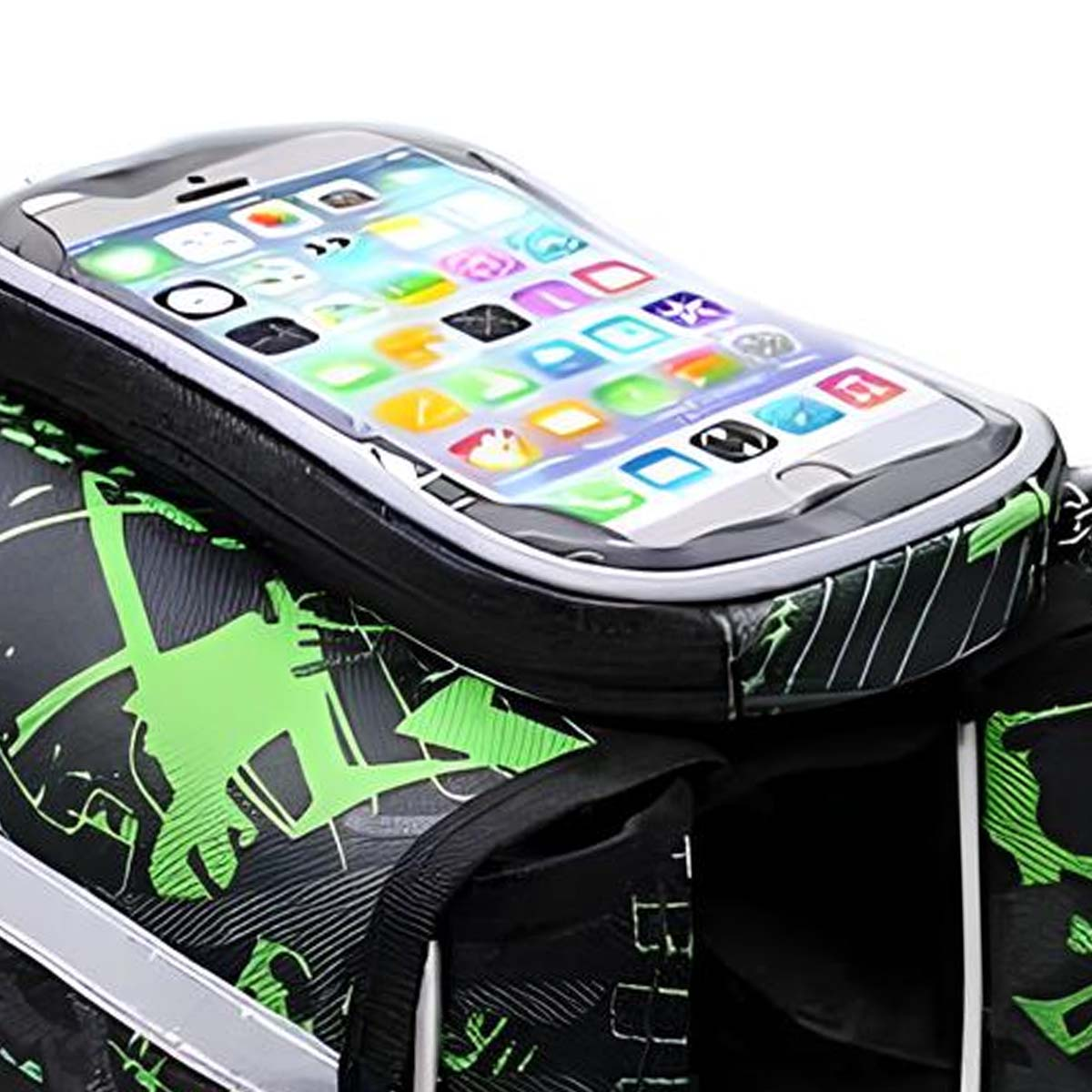 Eine Handyhülle mit bunten App-Symbolen auf einer schwarzen Tasche mit grünen Grafiken.