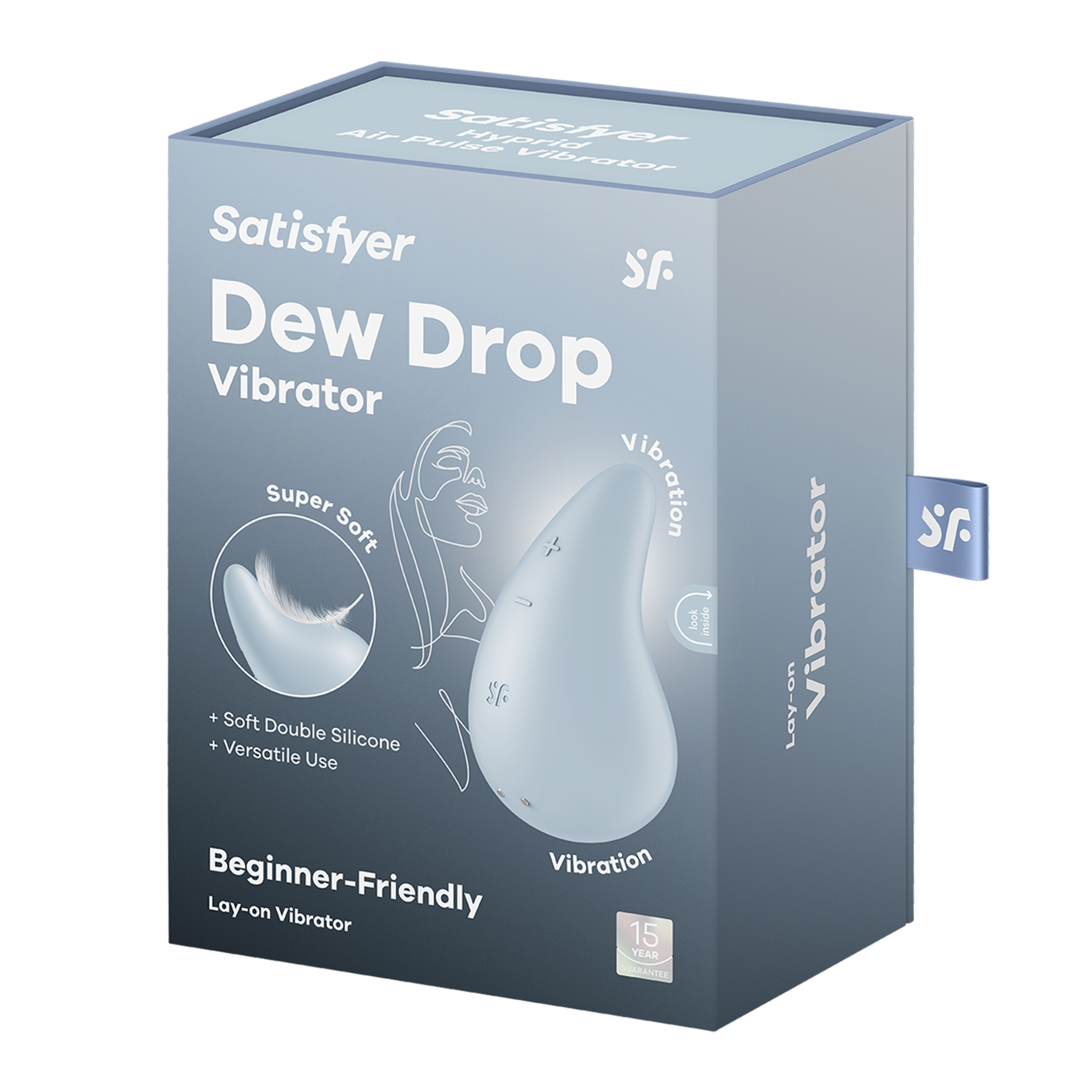 Opakowanie niebieskiego wibratora Satisfyer Dew Drop ze szczegółami produktu i gwarancją.