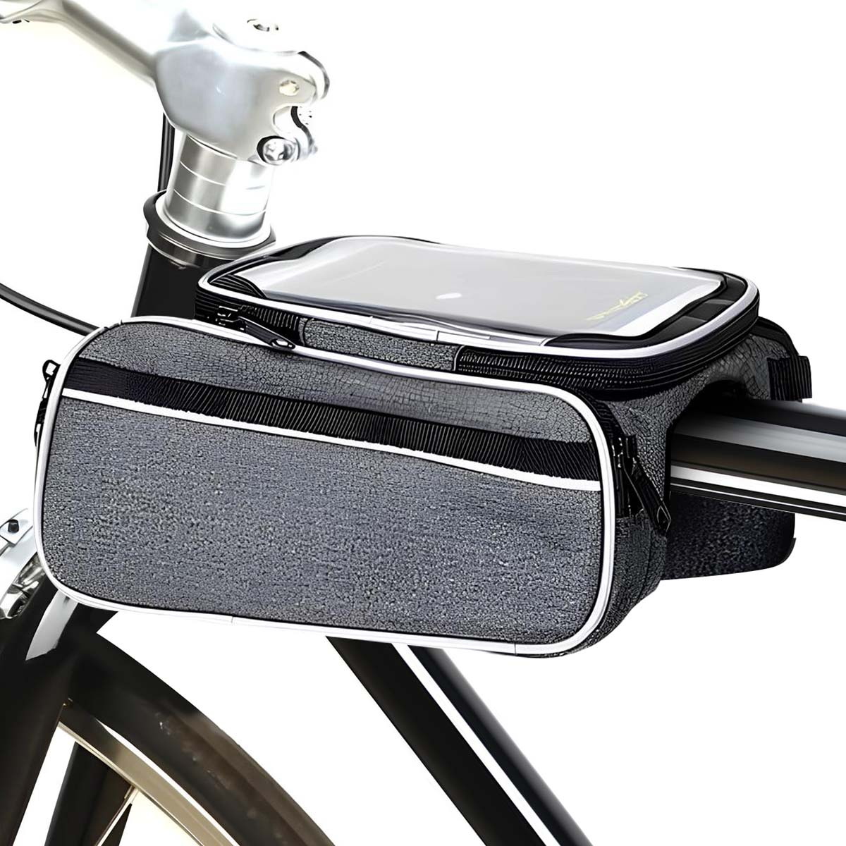 Eine graue Lenkertasche mit durchsichtiger Handyhülle ist am Fahrrad montiert.