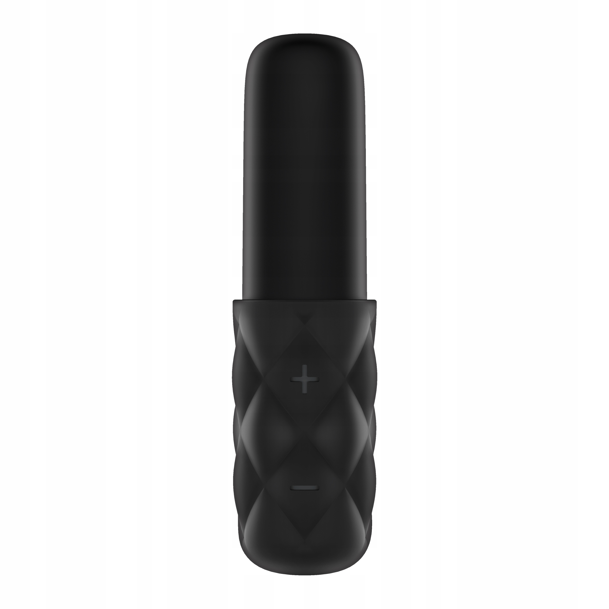 Czarny cylindryczny przyrząd z teksturowanym uchwytem i symbolami plus/minus.