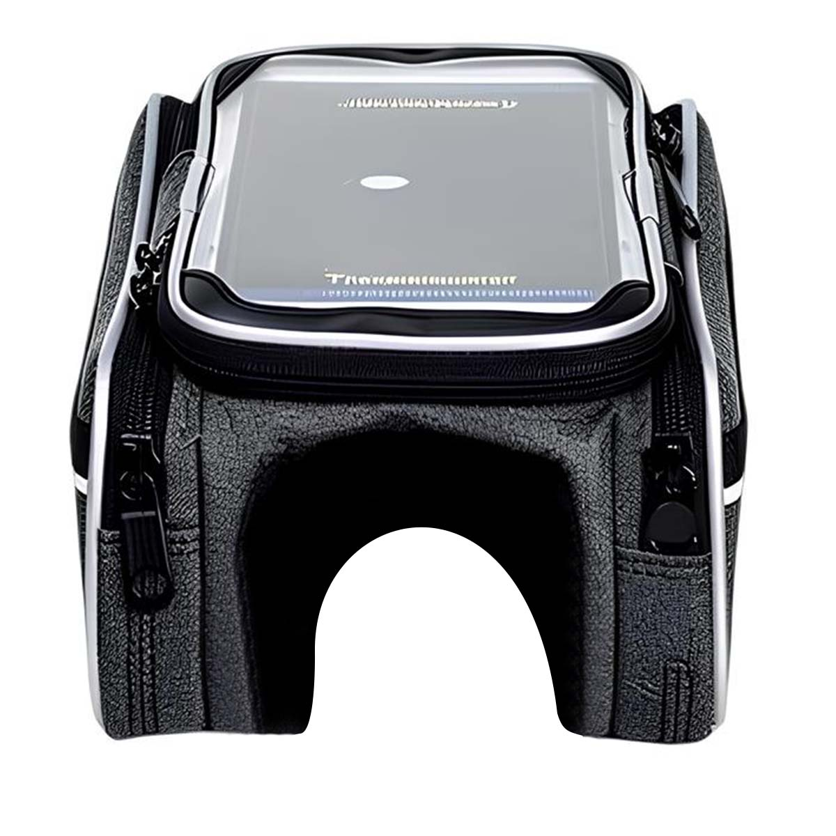 Schwarze Lenkertasche mit durchsichtigem Fach oben und Reißverschlussfächern.