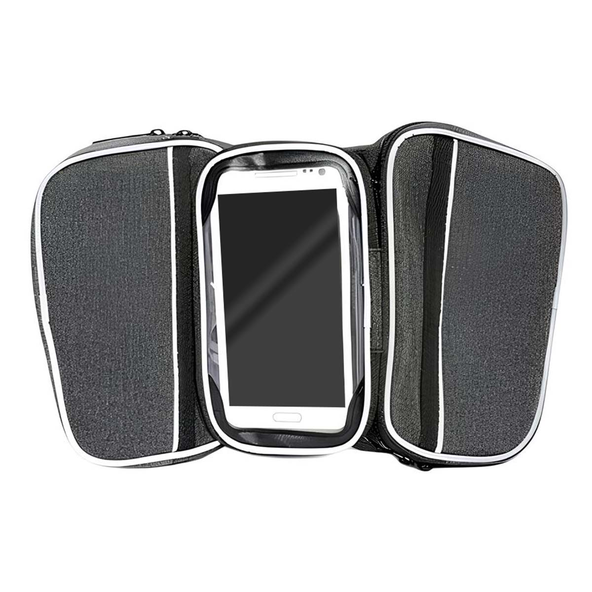 Schwarze Fahrradtasche mit transparenter Handyhalterung vorne.