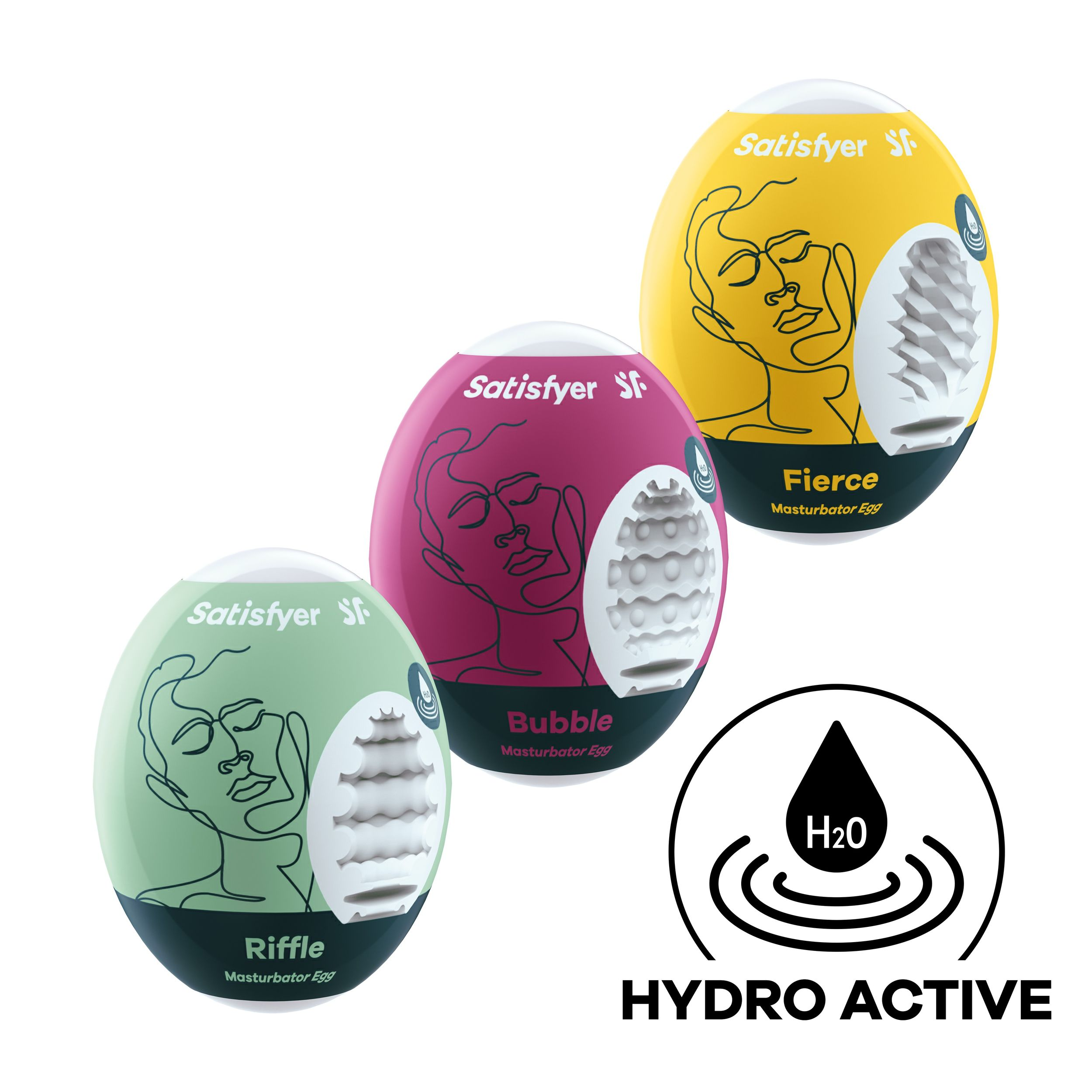 Trzy jajka masturbacyjne w kolorze żółtym, różowym i zielonym z detalami twarzy.