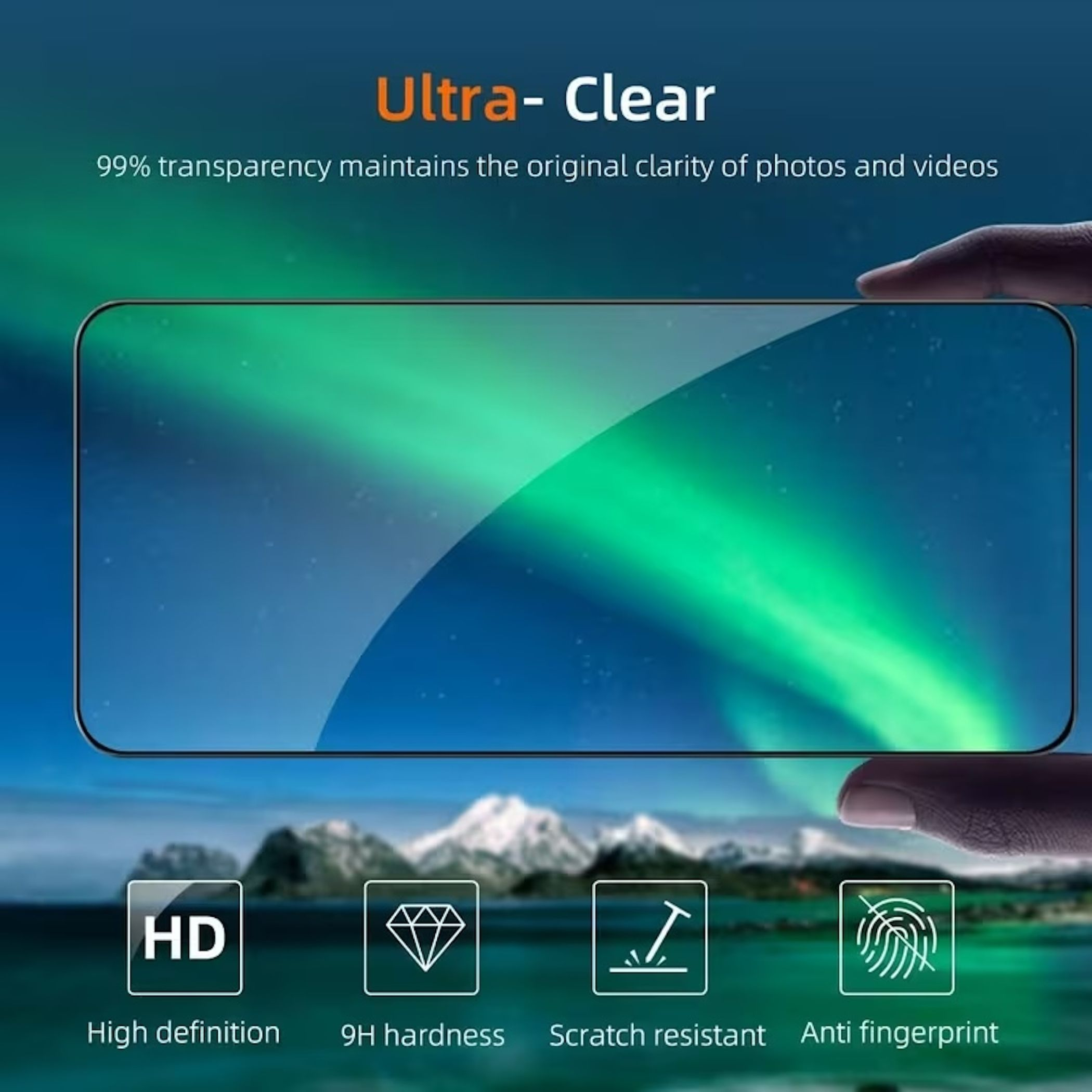 Eine Hand hält ein Handy mit der Aurora Borealis. Symbole zeigen HD, 9H Härte, Kratzfestigkeit, Anti-Fingerabdruck.