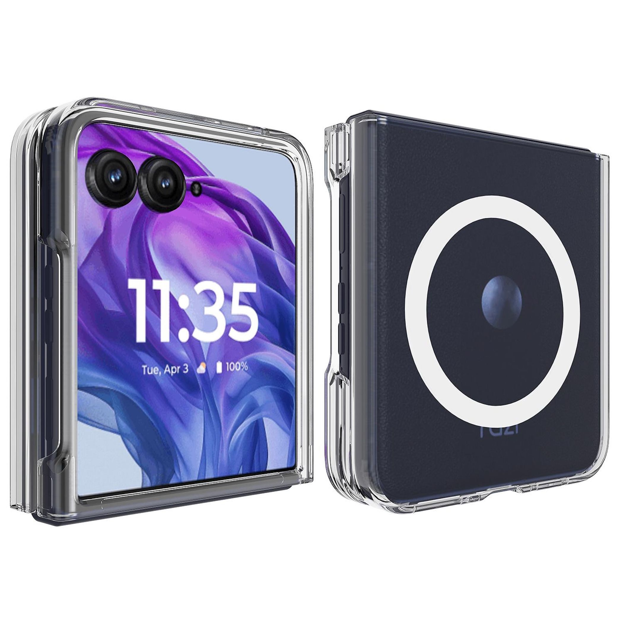 Transparente Hülle auf einem dunkelblauen Handy mit kreisförmigem Design und einem Bildschirm.