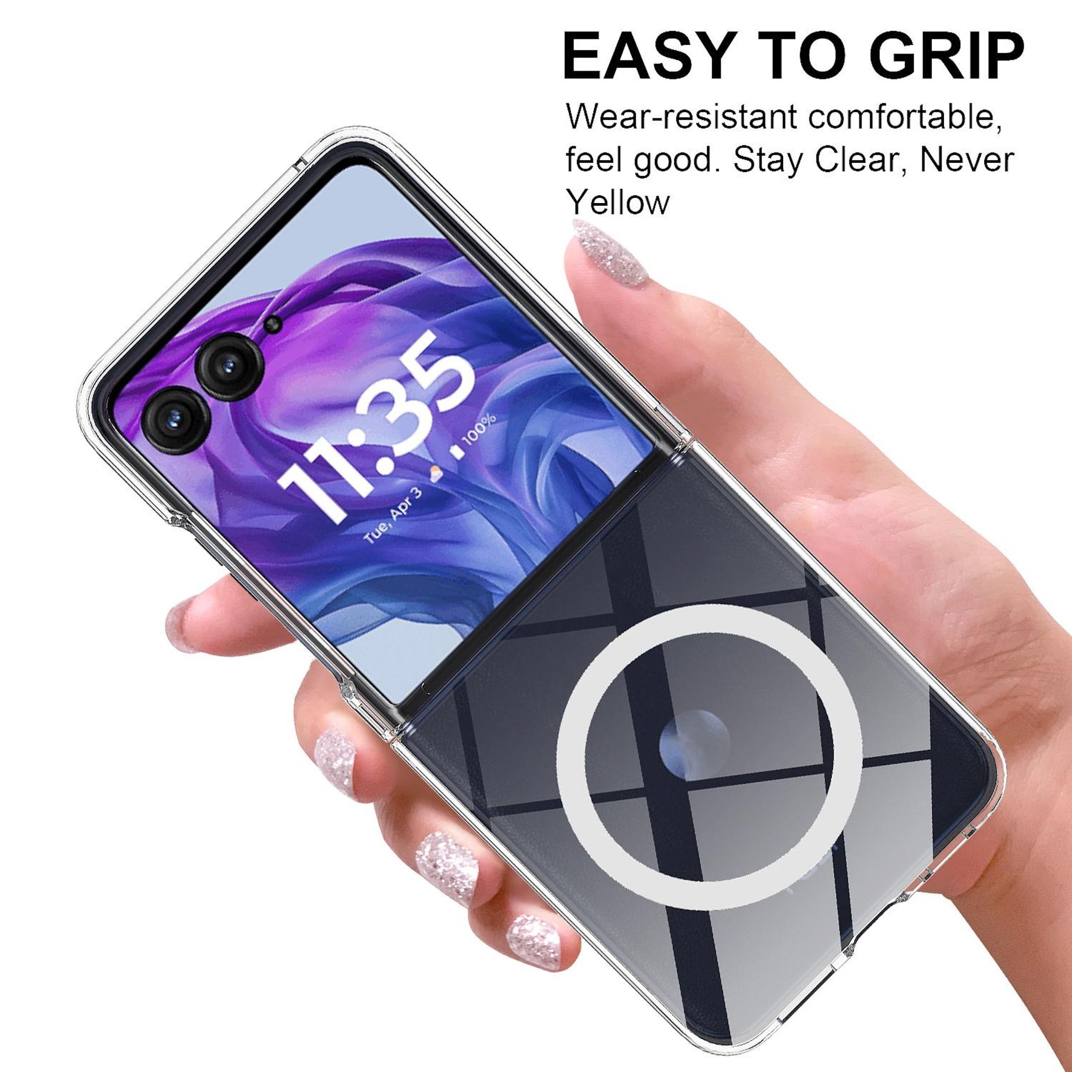 Eine Hand hält ein transparentes Handyhülle mit einem Handy darin.