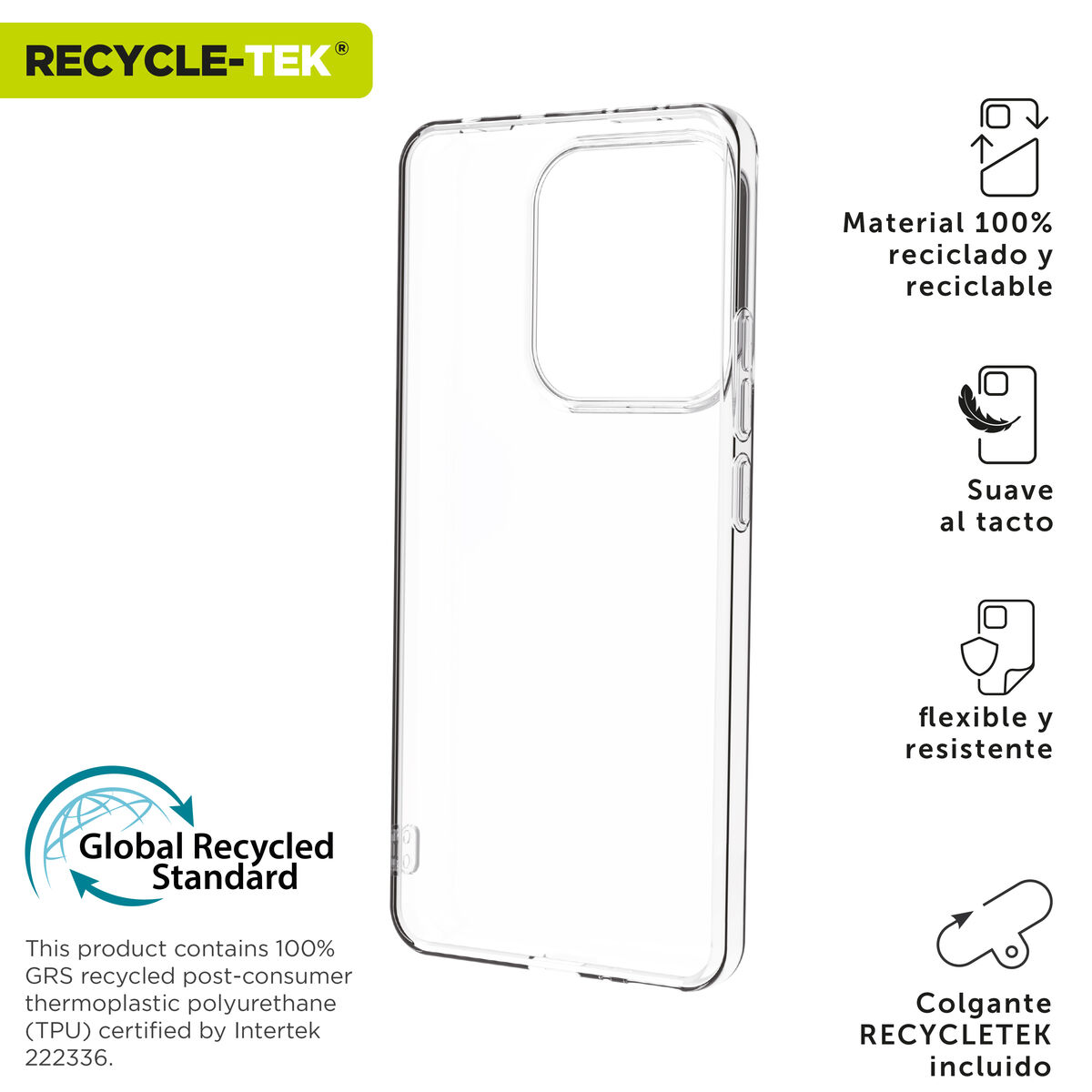 Ein transparenter Handyhülle aus recyceltem TPU mit Icons für Material, Haptik und Flexibilität.