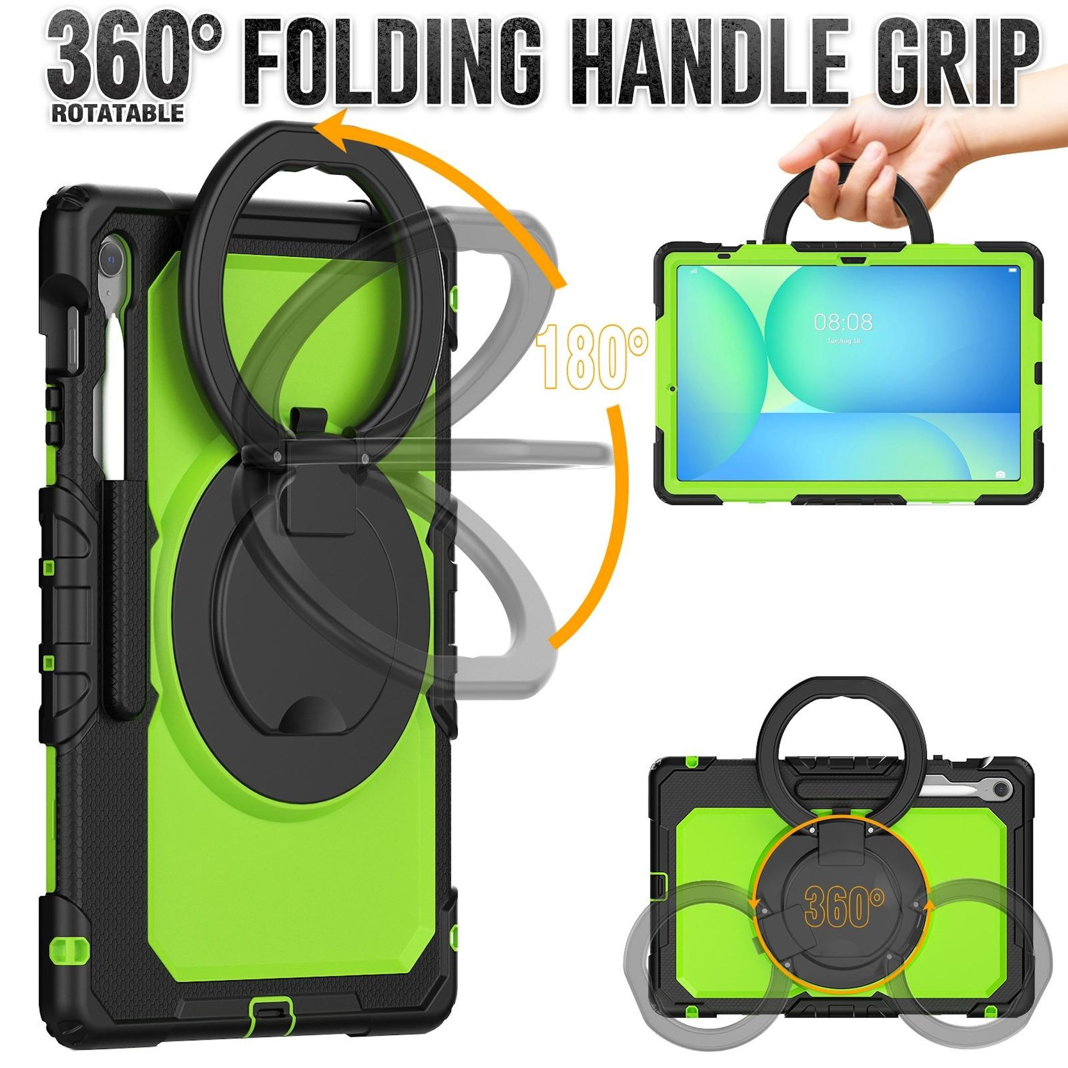 Funda para tableta giratoria 360° con asa plegable y soporte.