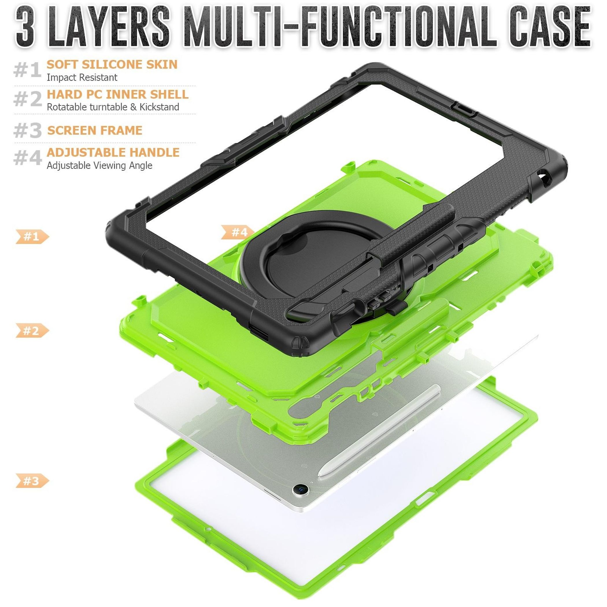 Vista explosionada de una funda de tableta multicapa en negro y verde neón.