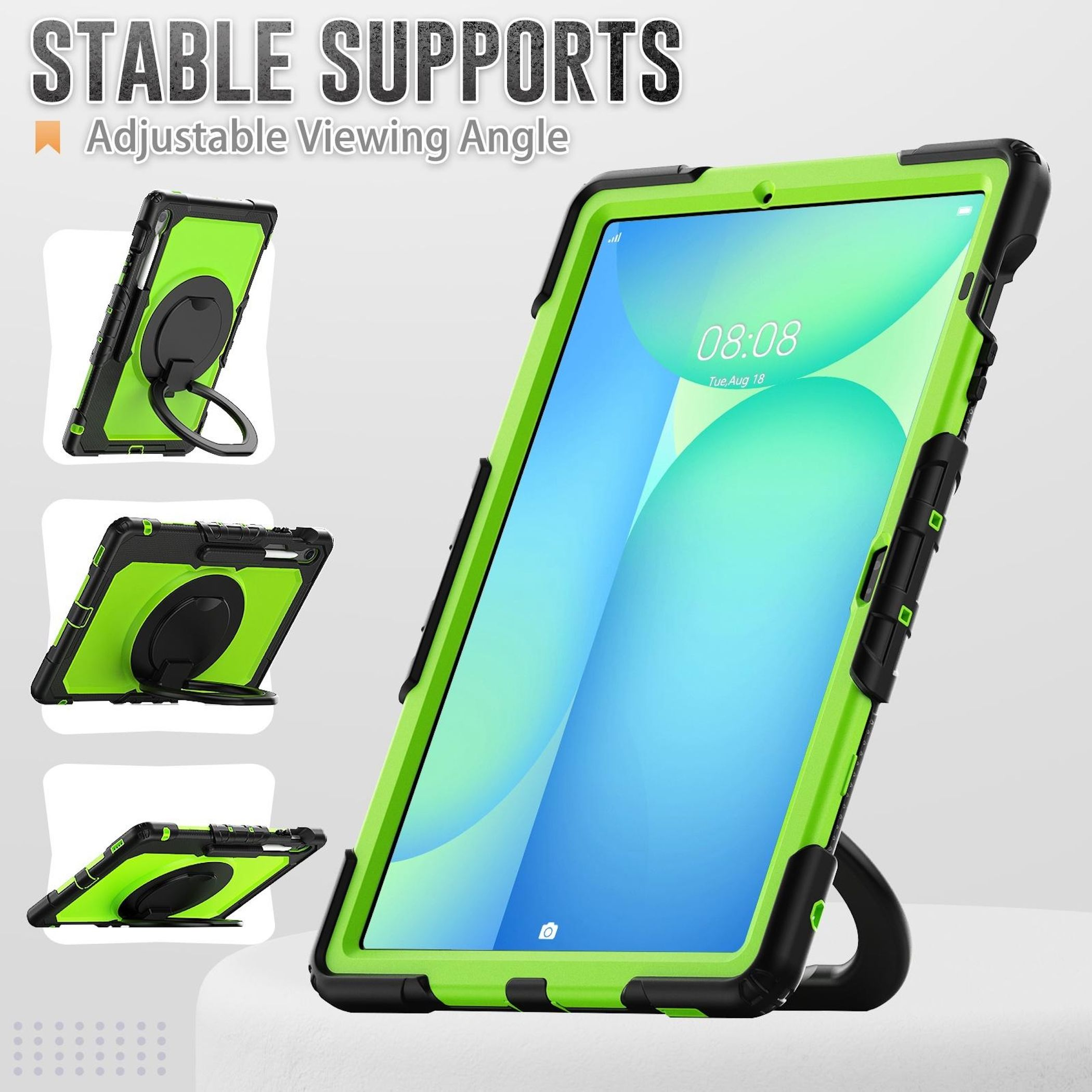 Se muestra una funda de tableta verde neón y negra con soporte en varios ángulos.