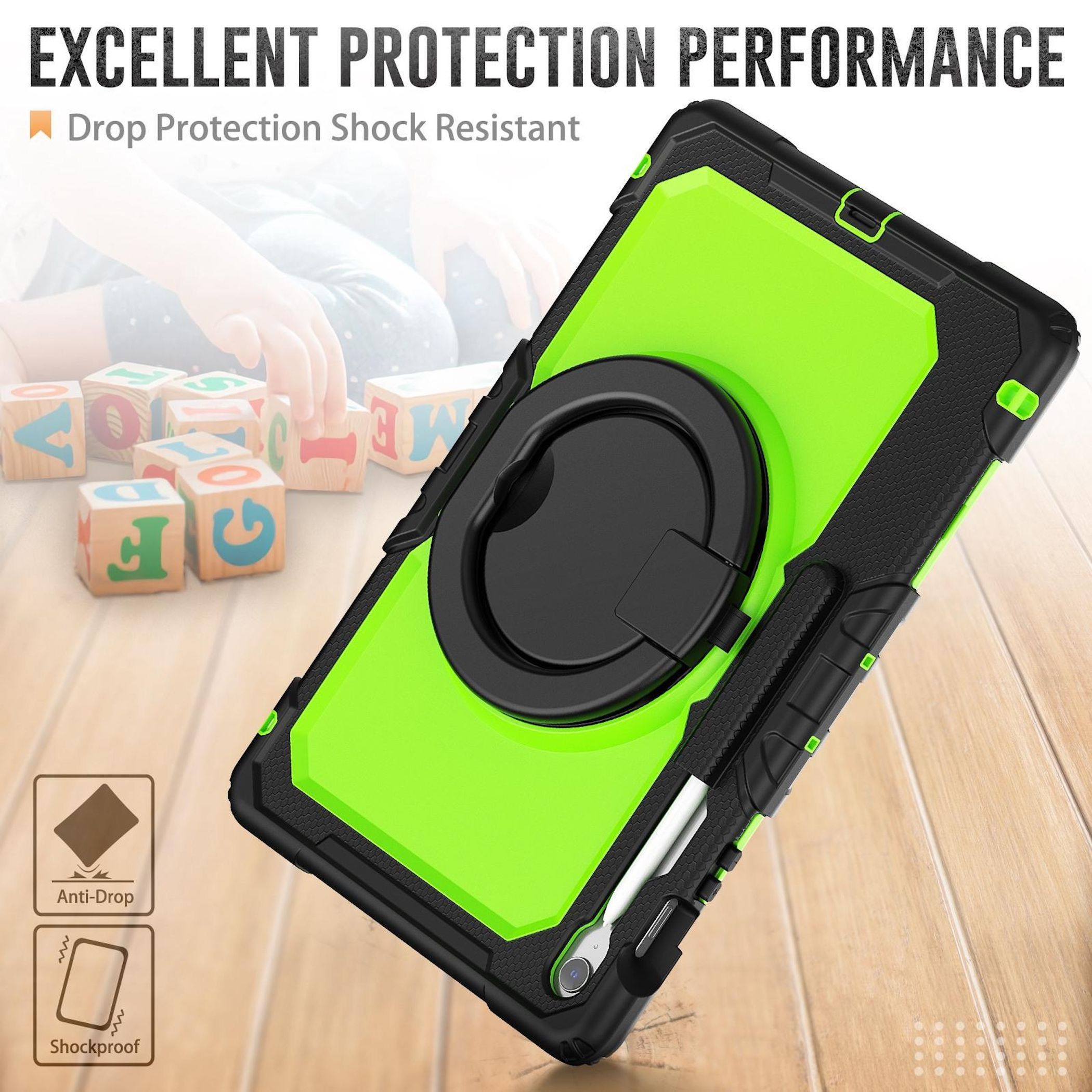 Una funda para tableta resistente, verde brillante y negra, con soporte y portalápices.