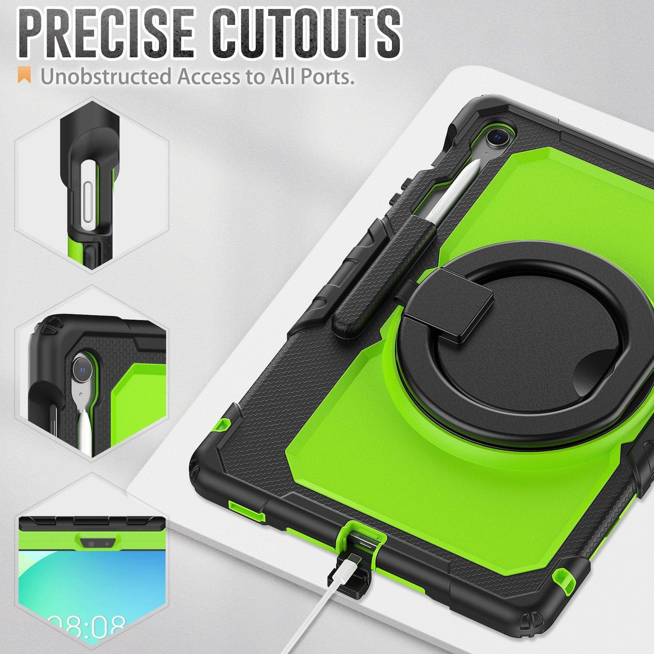 Funda negra y verde para tableta con soporte y portabolígrafos.