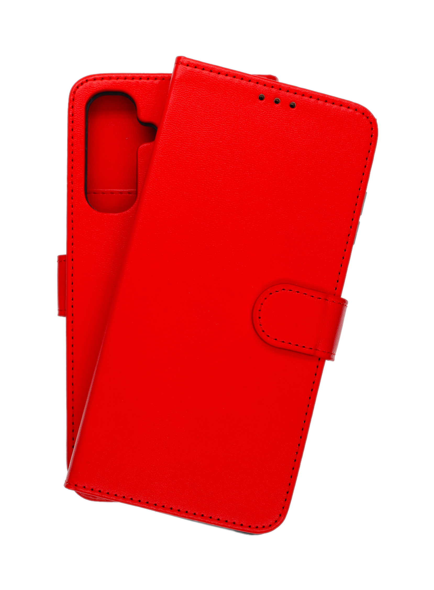 Ein rotes Leder-Flip-Handycover mit Nähten und einem Verschlussriemen.