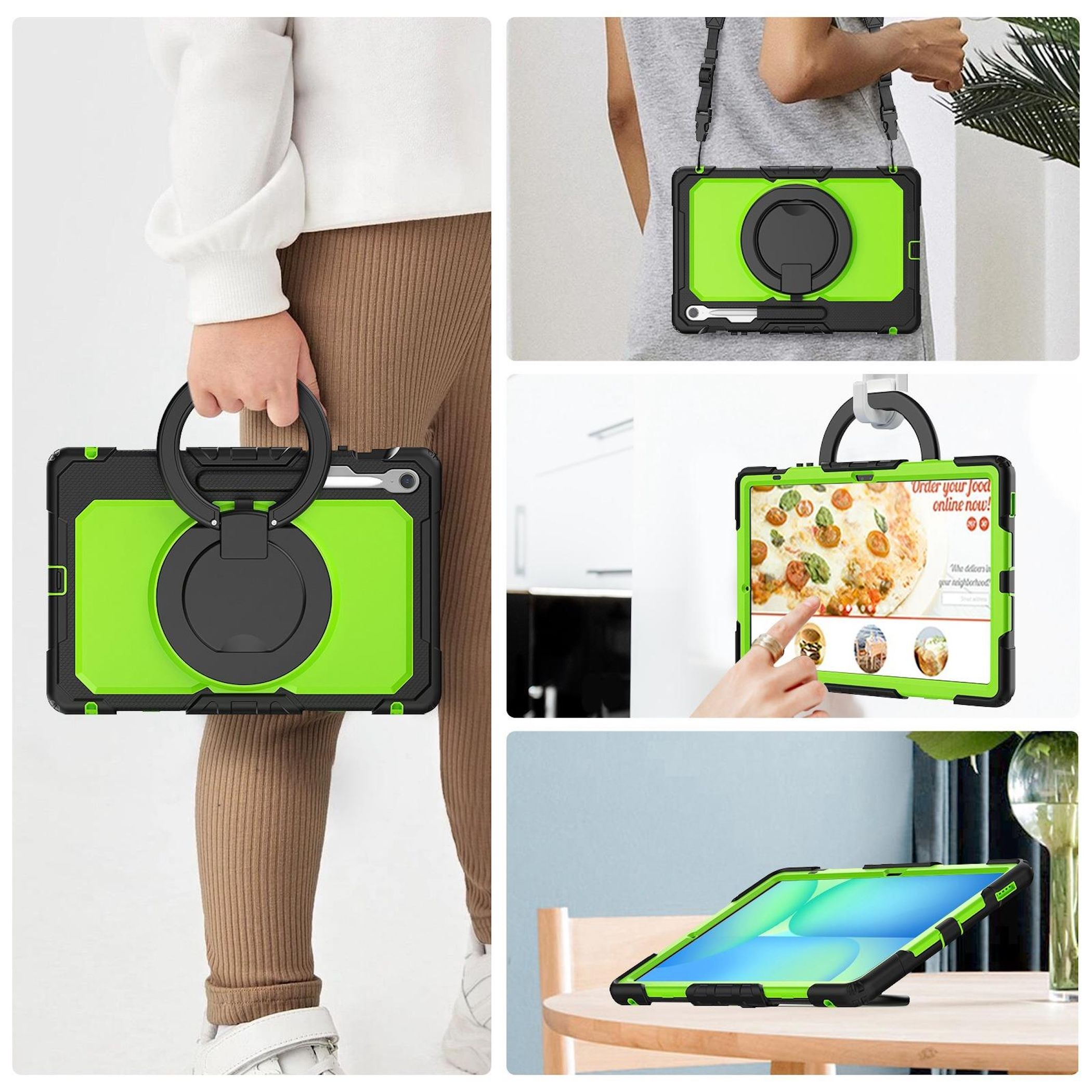Funda verde y negra para tableta con asa, soporte y correa.