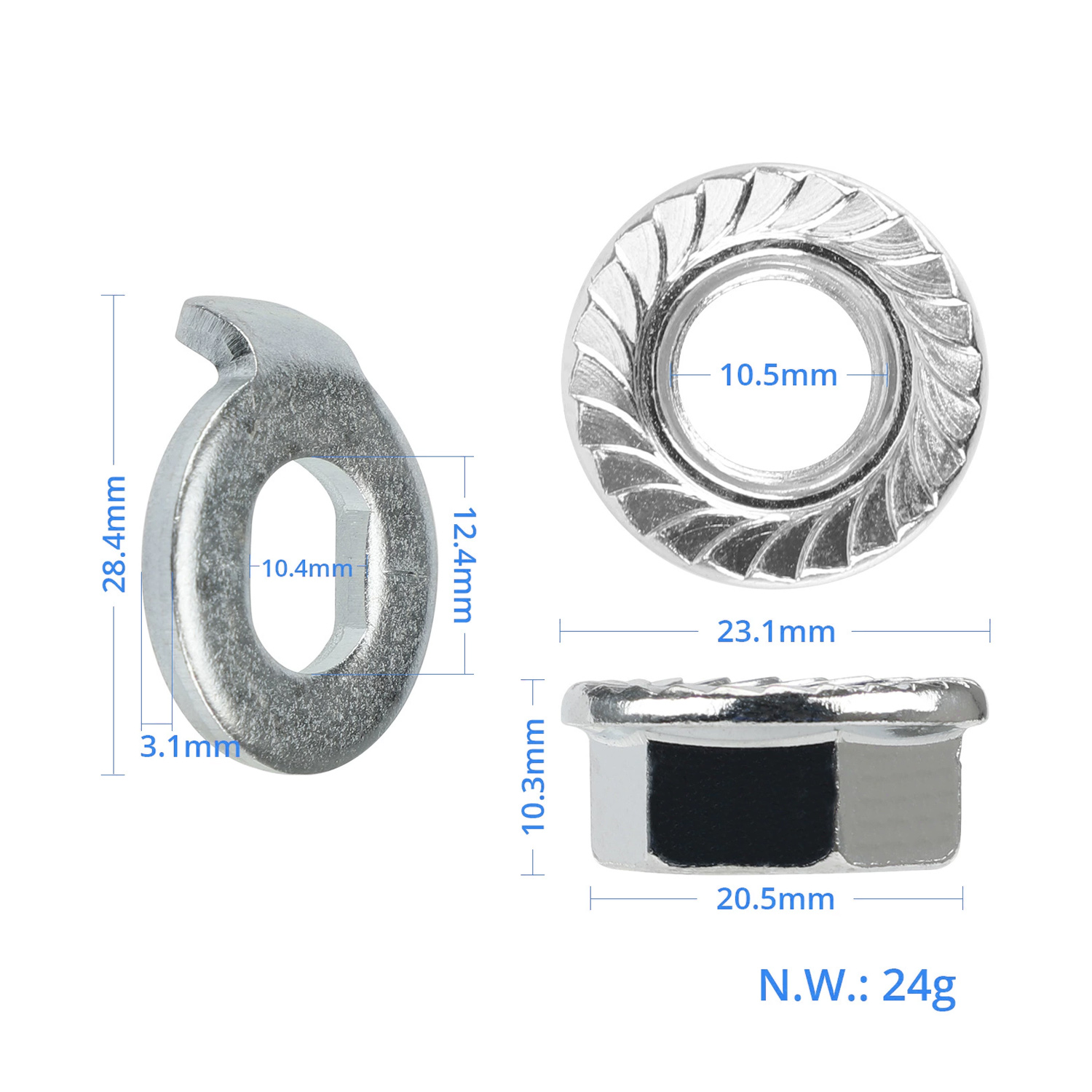 Srebrny krzywka, pierścień i nakrętka z wymiarami.