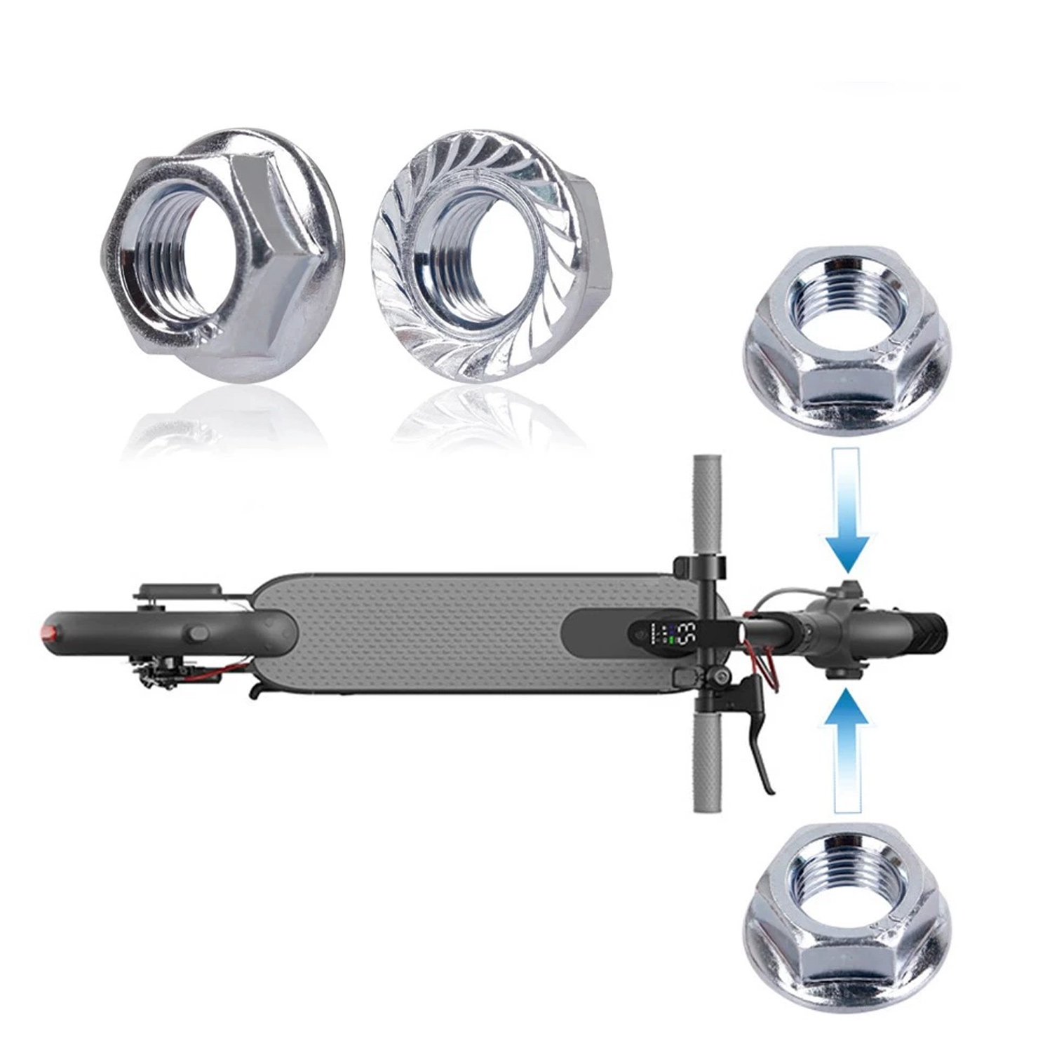 Srebrne nakrętki pokazane z hulajnogą elektryczną dla skali i ilustracji.