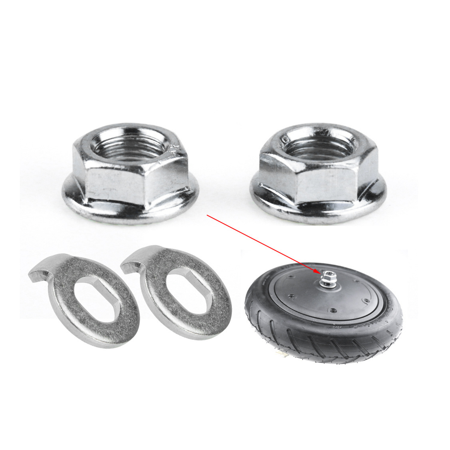 Dwie srebrne nakrętki, dwie podkładki i małe czarne koło z srebrną nakrętką na górze.