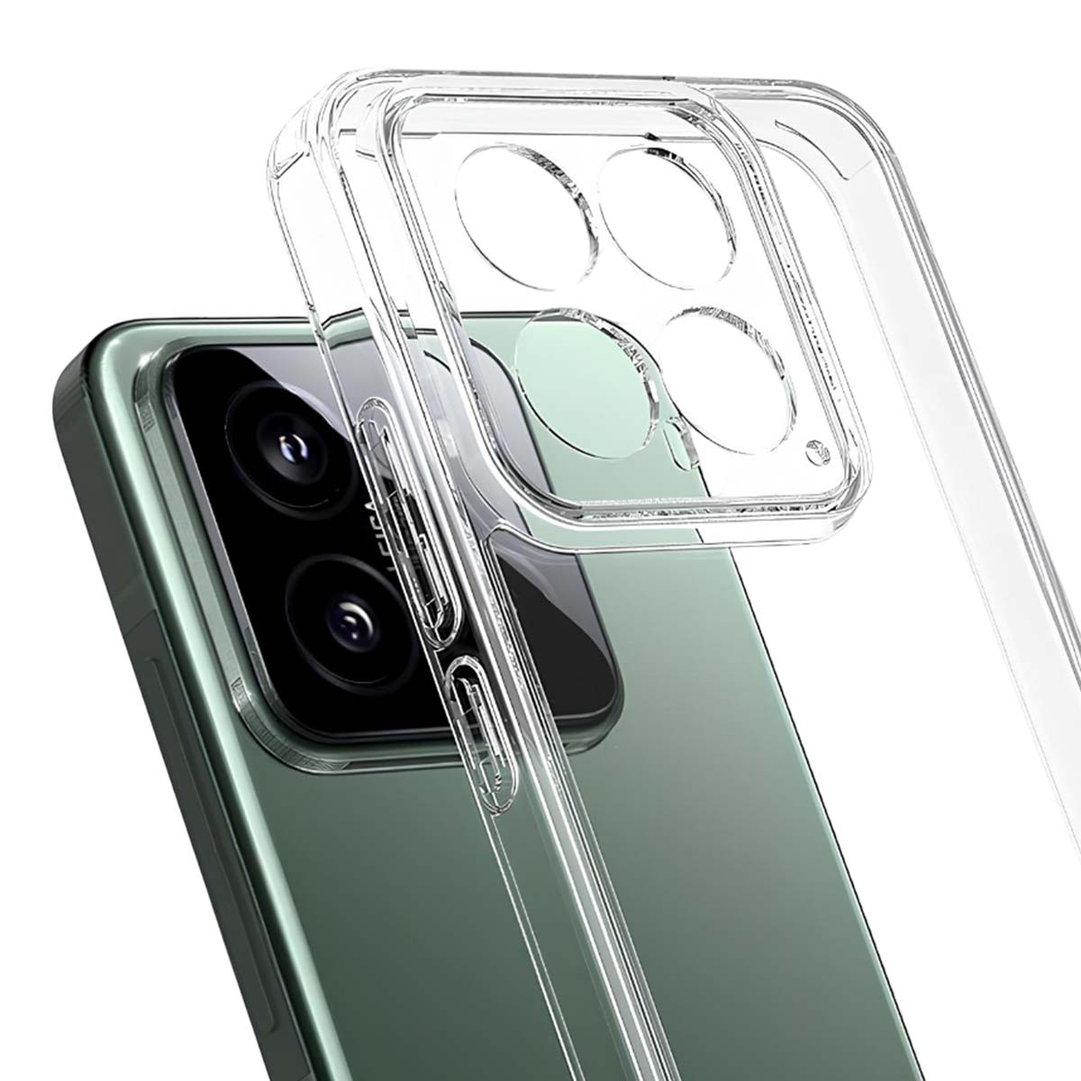 Custodia trasparente su uno smartphone verde con configurazione a quattro fotocamere.