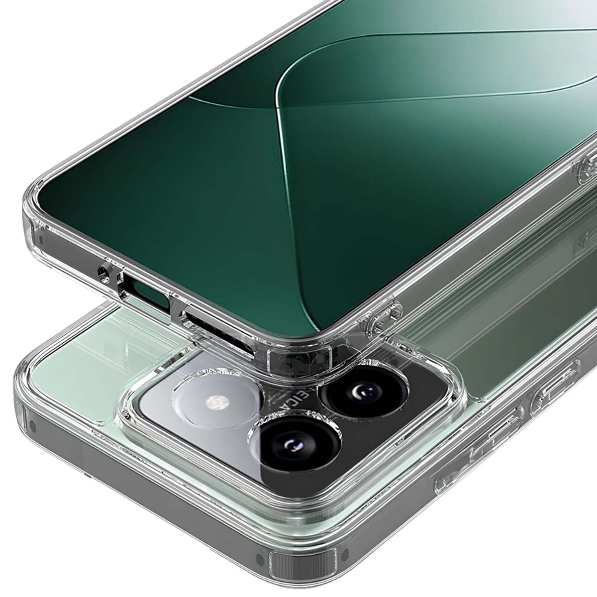 Una cover trasparente protegge uno smartphone con retro verde e doppia fotocamera.