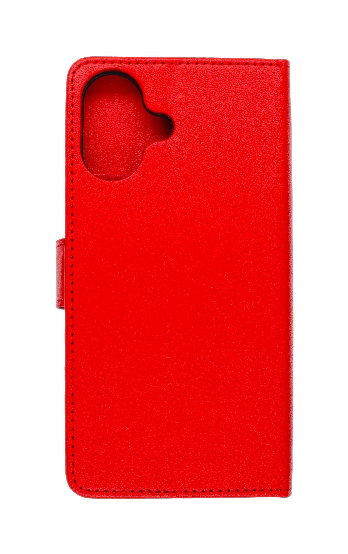 Eine rote Leder-Wallet-Hülle für ein Smartphone, geöffnet zur Innenseite.