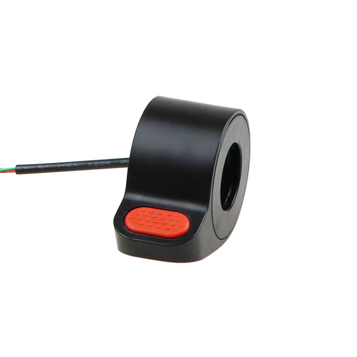 Czarna rączka gazu hulajnogi z czerwonym przyciskiem i przewodami, na białym.