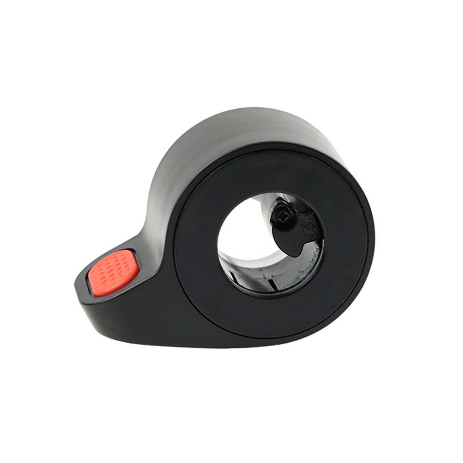 Czarny uchwyt przepustnicy z czerwonym przyciskiem na białym tle.