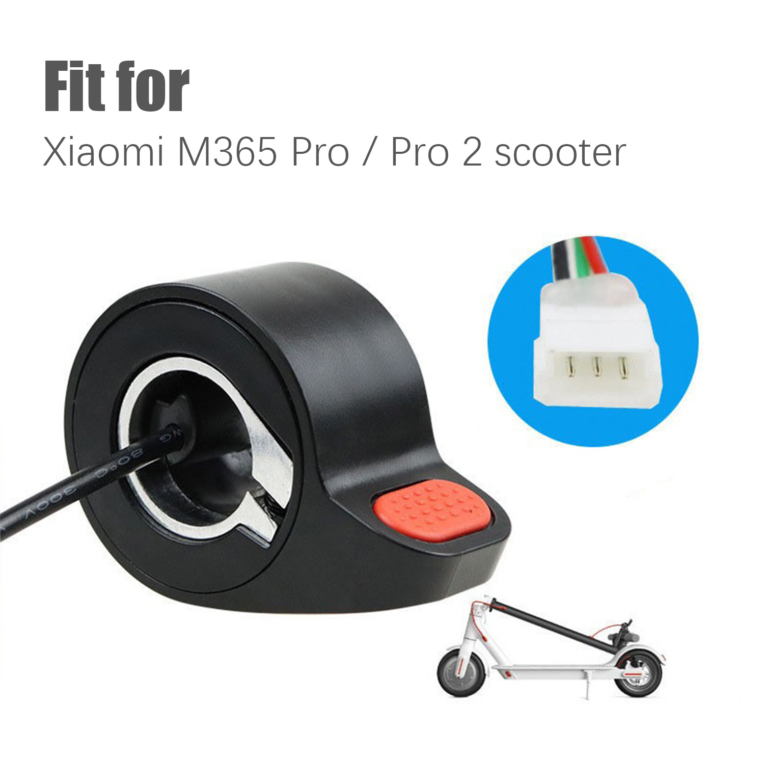 Czarny uchwyt przyspieszenia hulajnogi z czerwonym przyciskiem, przewodem, złączem i mini hulajnogą.