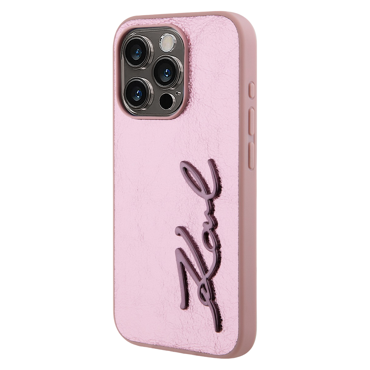 Eine rosafarbene Handyhülle mit Schriftzug für ein iPhone mit Kameraöffnung.